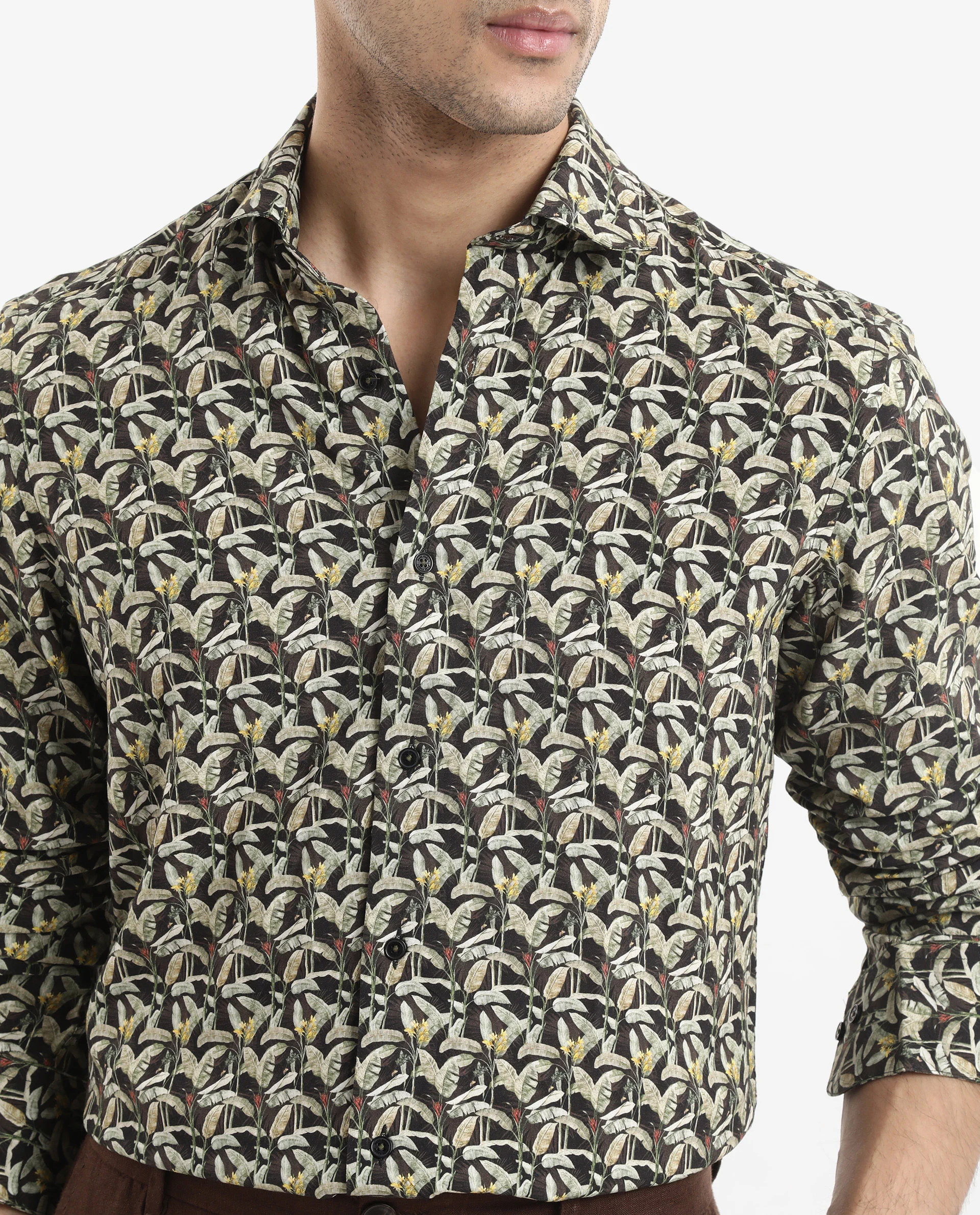 Rare Rabbit Men's Diphda Dark Brown Viscose Tropical Print Regular Fit Full Sleeve Spread Collar Shirt - Image 4