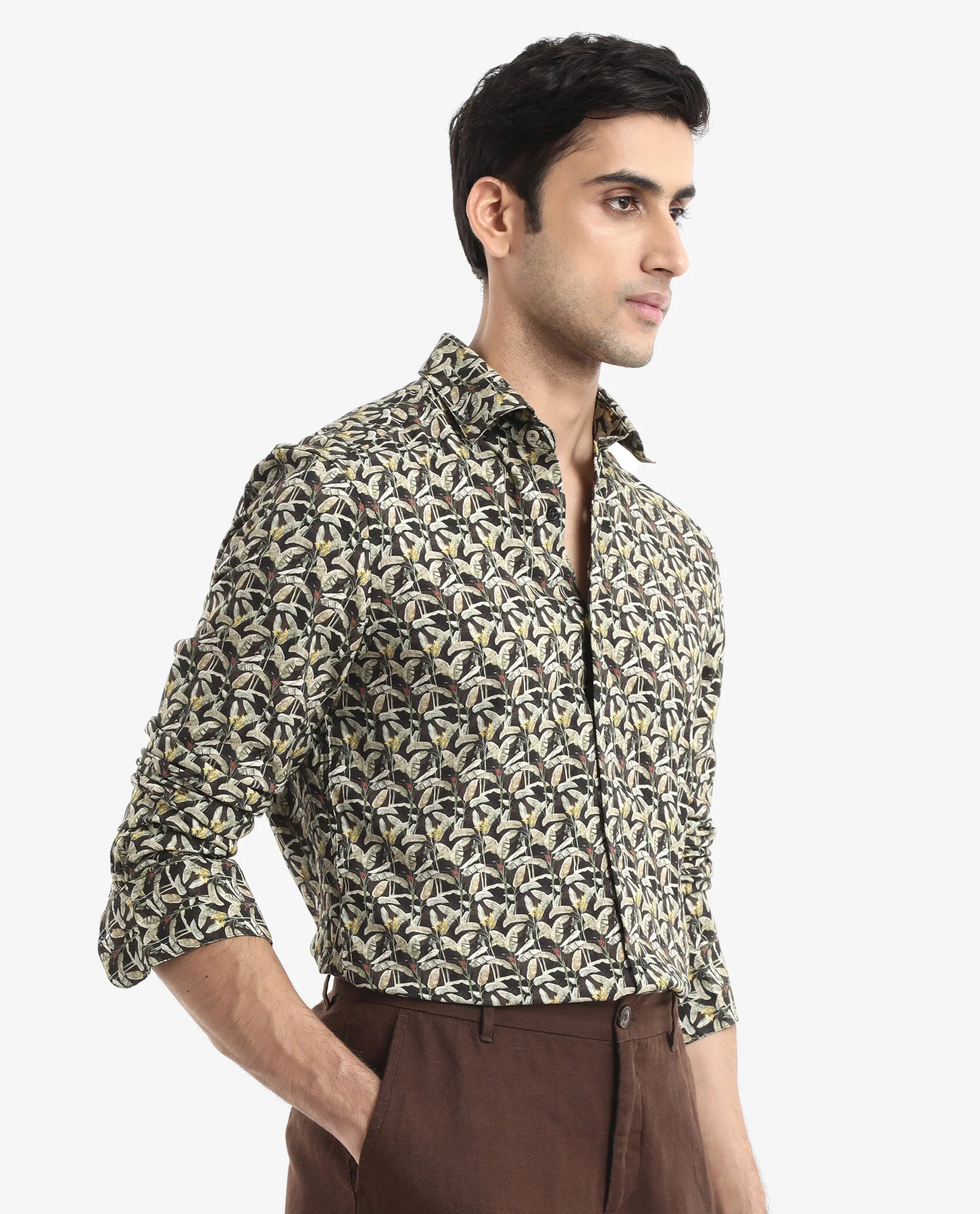 Rare Rabbit Men's Diphda Dark Brown Viscose Tropical Print Regular Fit Full Sleeve Spread Collar Shirt - Image 6