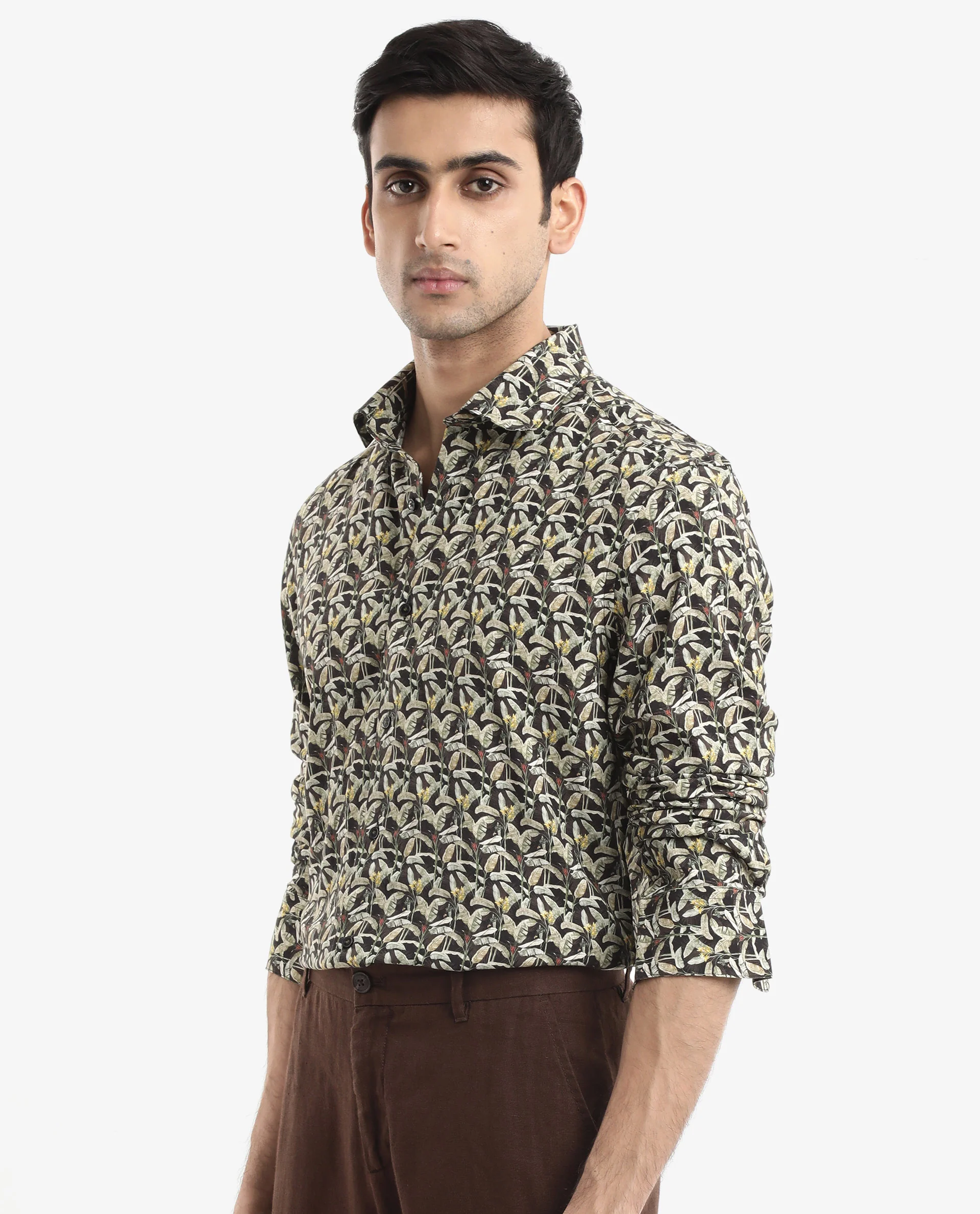 Rare Rabbit Men's Diphda Dark Brown Viscose Tropical Print Regular Fit Full Sleeve Spread Collar Shirt - Image 8