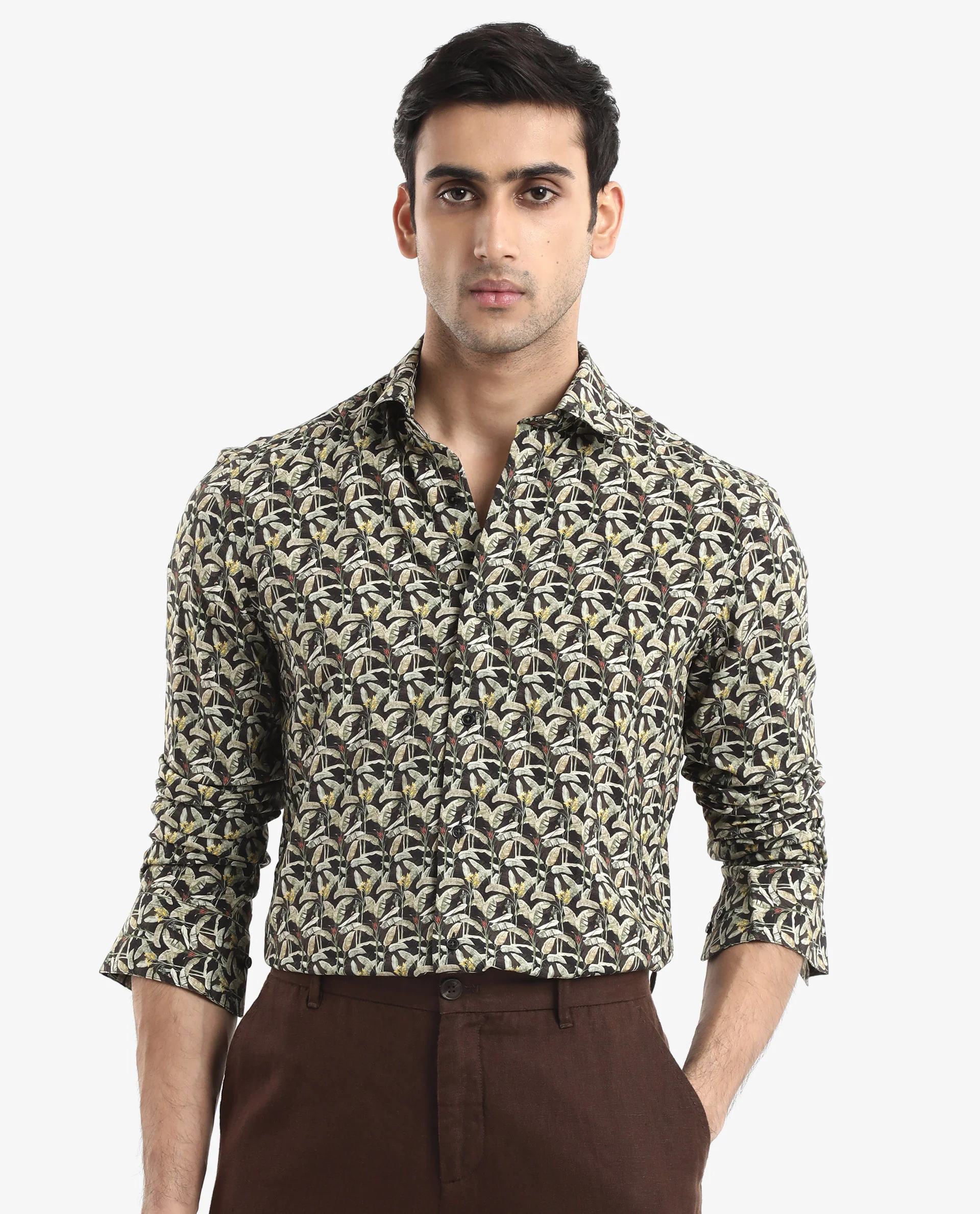 Rare Rabbit Men's Diphda Dark Brown Viscose Tropical Print Regular Fit Full Sleeve Spread Collar Shirt - Image 9