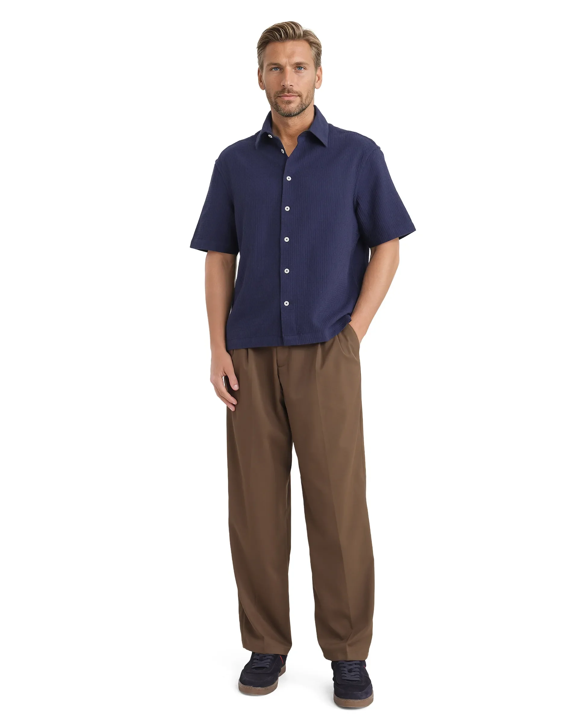 Rare Rabbit Men's Dira Dark Blue Cotton Textured Regular Fit Half Sleeve Collared Shirt - Image 2