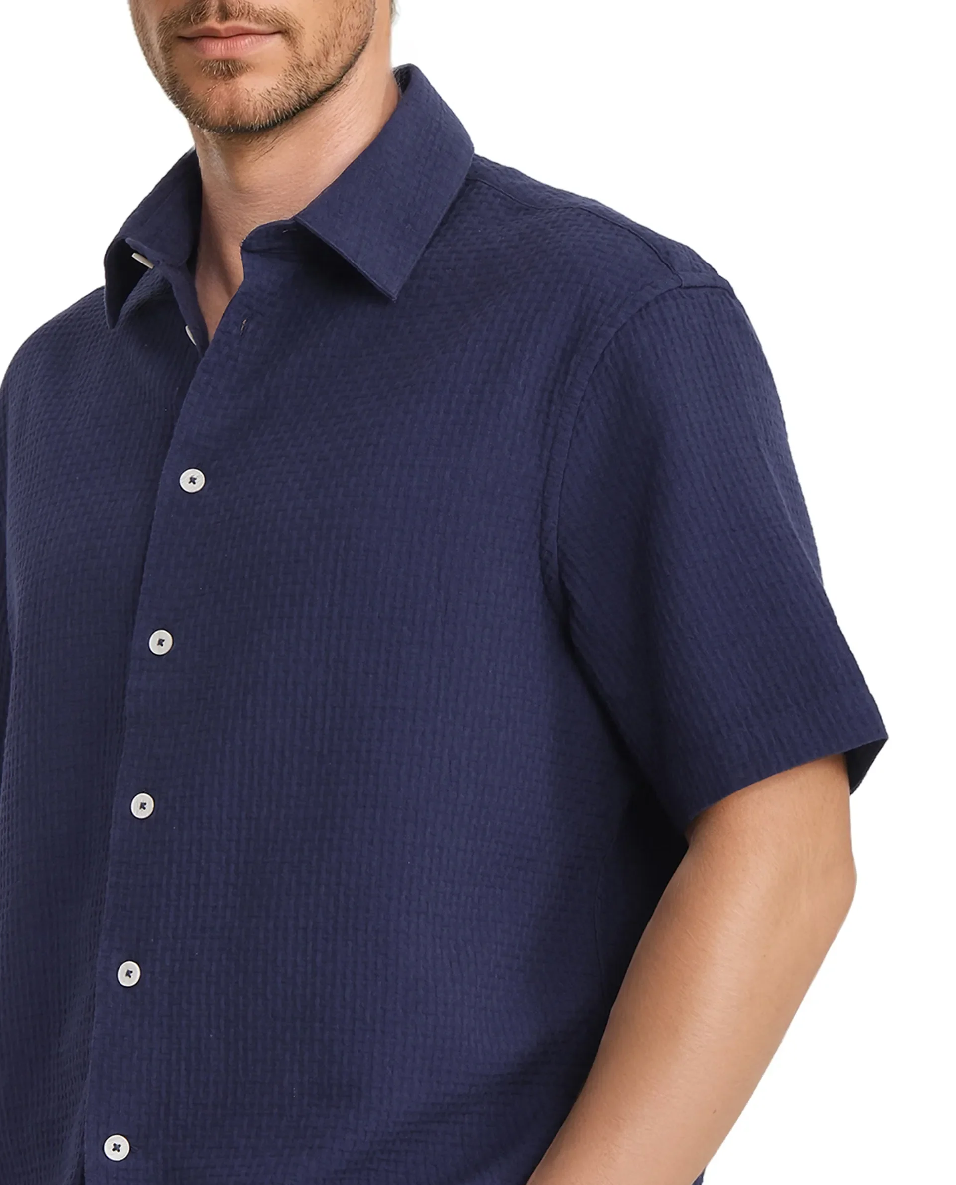 Rare Rabbit Men's Dira Dark Blue Cotton Textured Regular Fit Half Sleeve Collared Shirt - Image 3