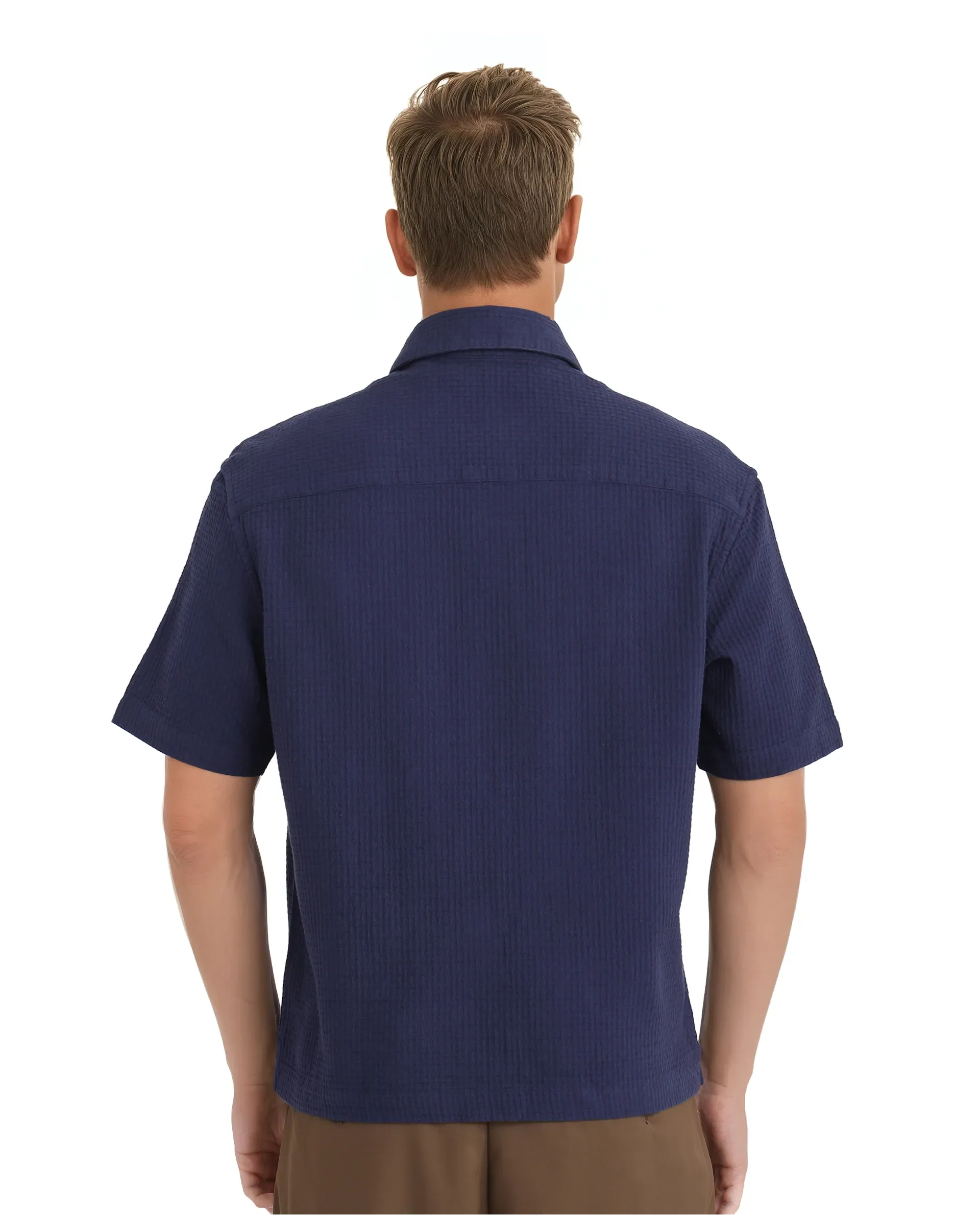 Rare Rabbit Men's Dira Dark Blue Cotton Textured Regular Fit Half Sleeve Collared Shirt - Image 4