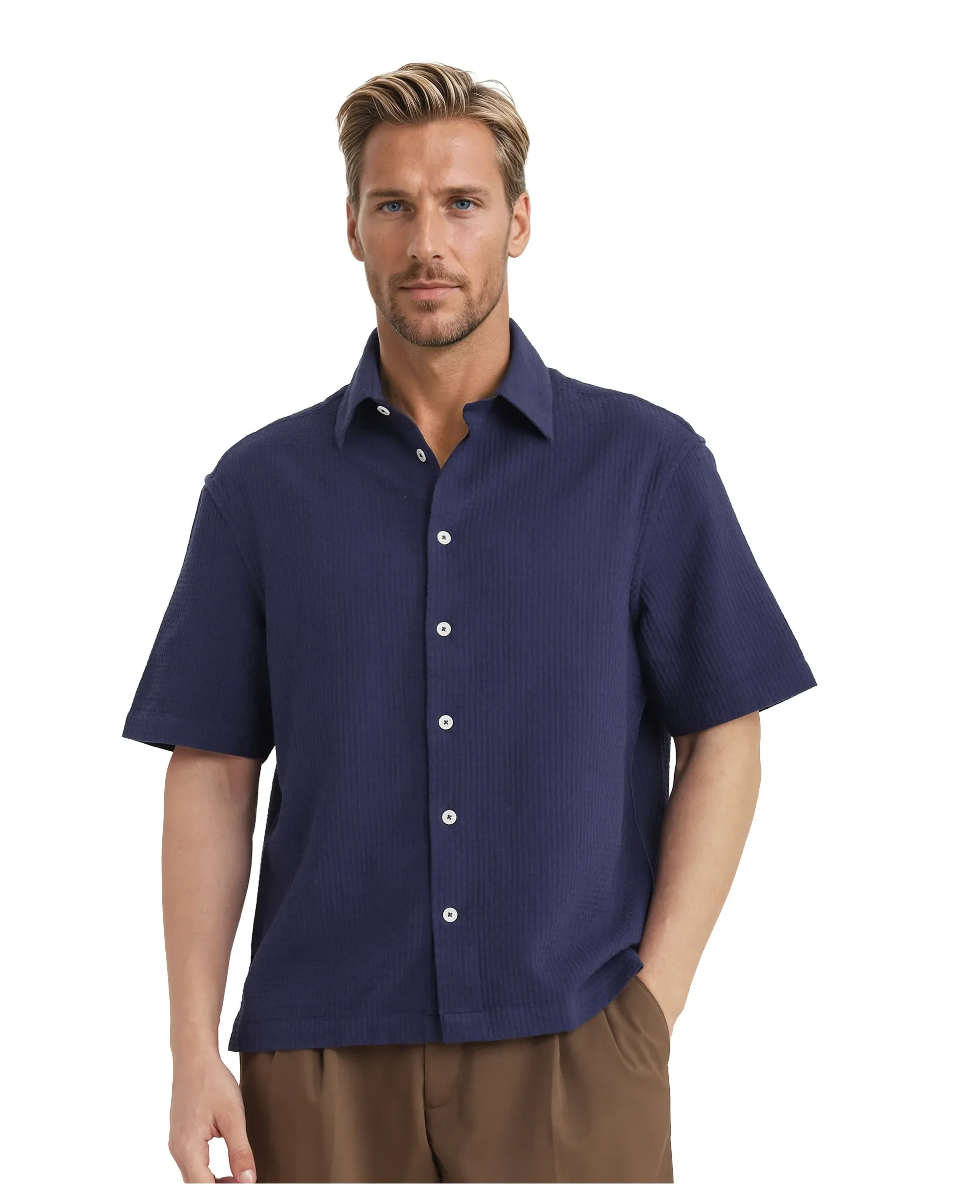 Rare Rabbit Men's Dira Dark Blue Cotton Textured Regular Fit Half Sleeve Collared Shirt - Image 5