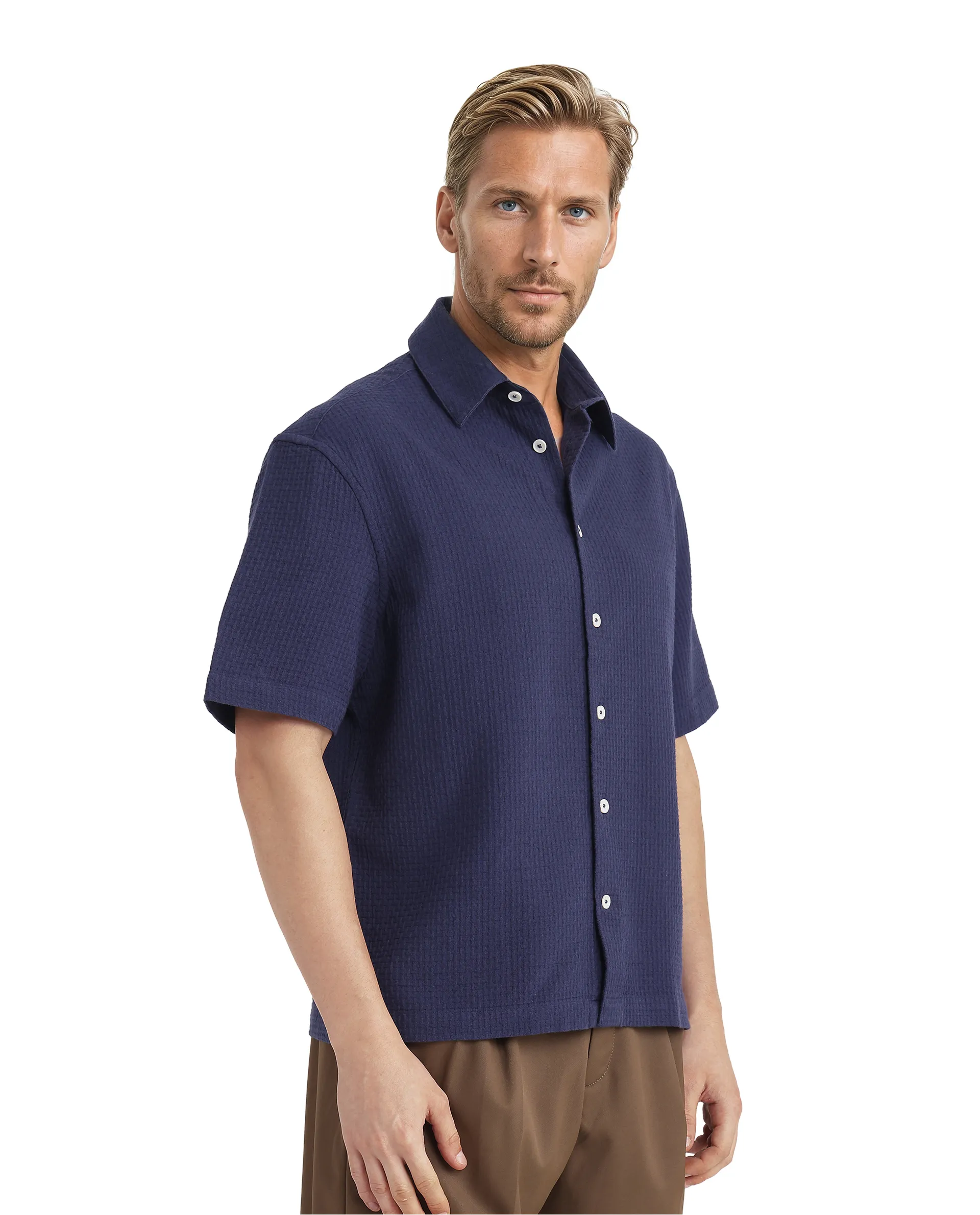Rare Rabbit Men's Dira Dark Blue Cotton Textured Regular Fit Half Sleeve Collared Shirt - Image 6