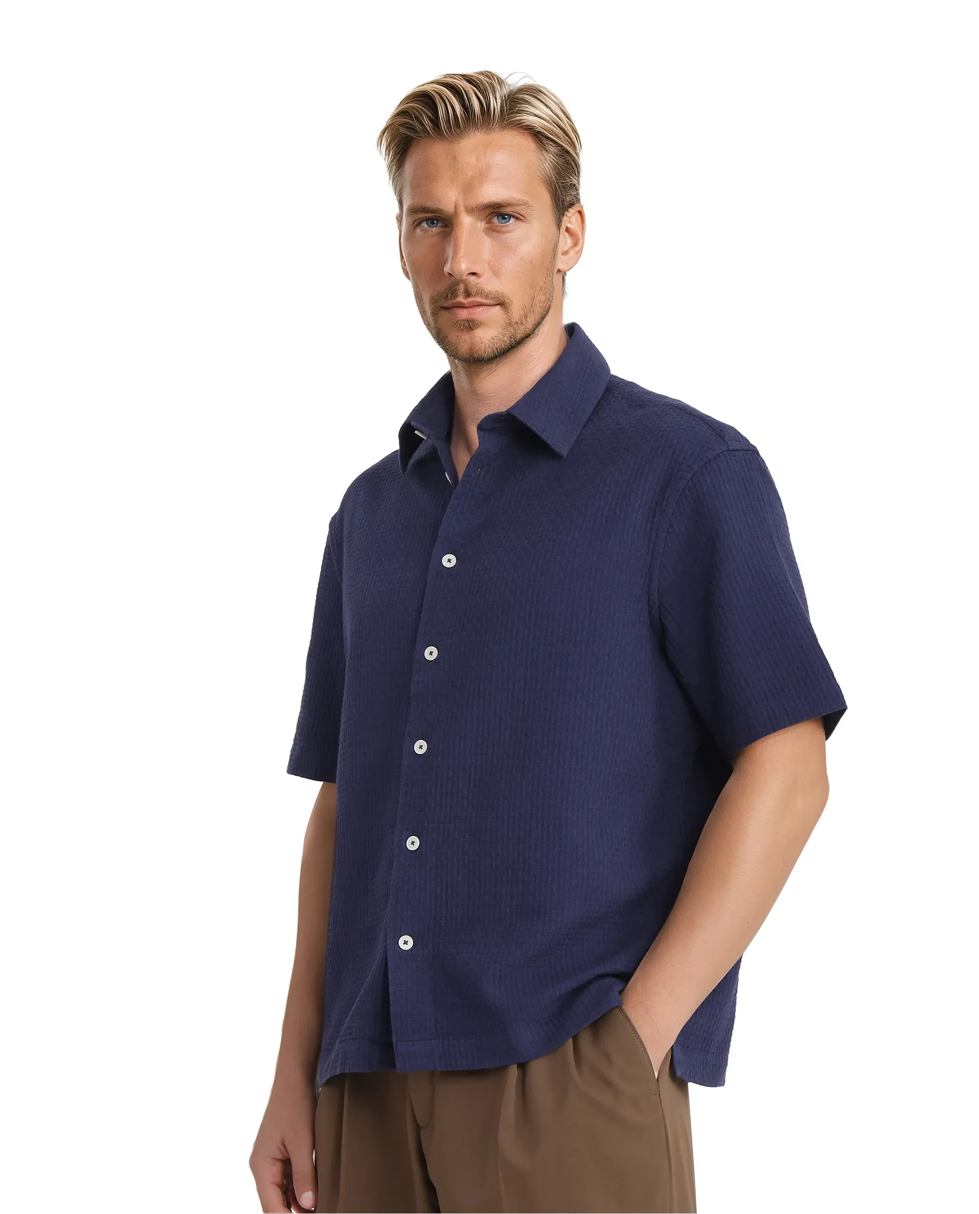 Rare Rabbit Men's Dira Dark Blue Cotton Textured Regular Fit Half Sleeve Collared Shirt - Image 7