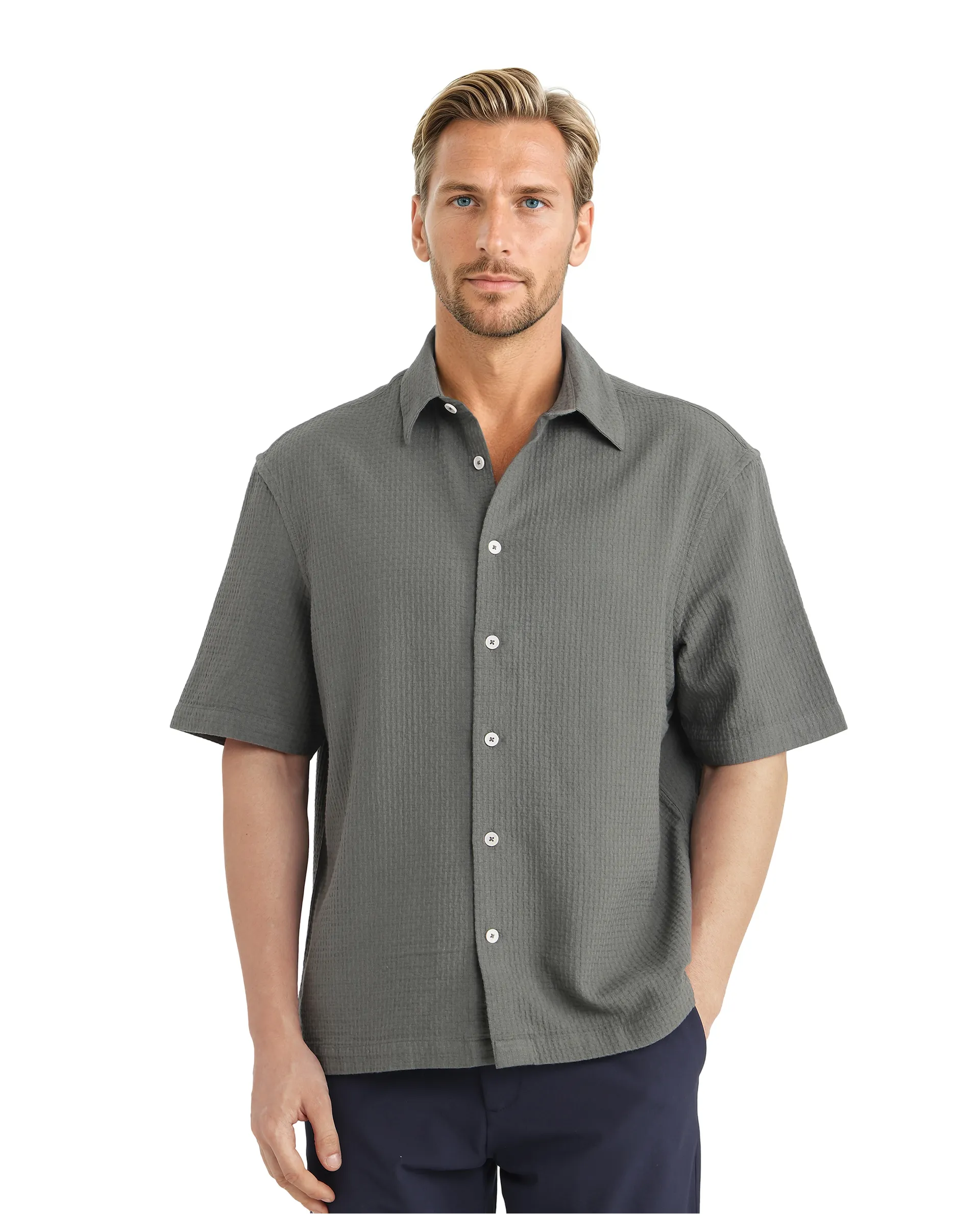Rare Rabbit Men's Dira Dark Green Cotton Textured Boxy Fit Half Sleeve Collared Shirt - Image 2