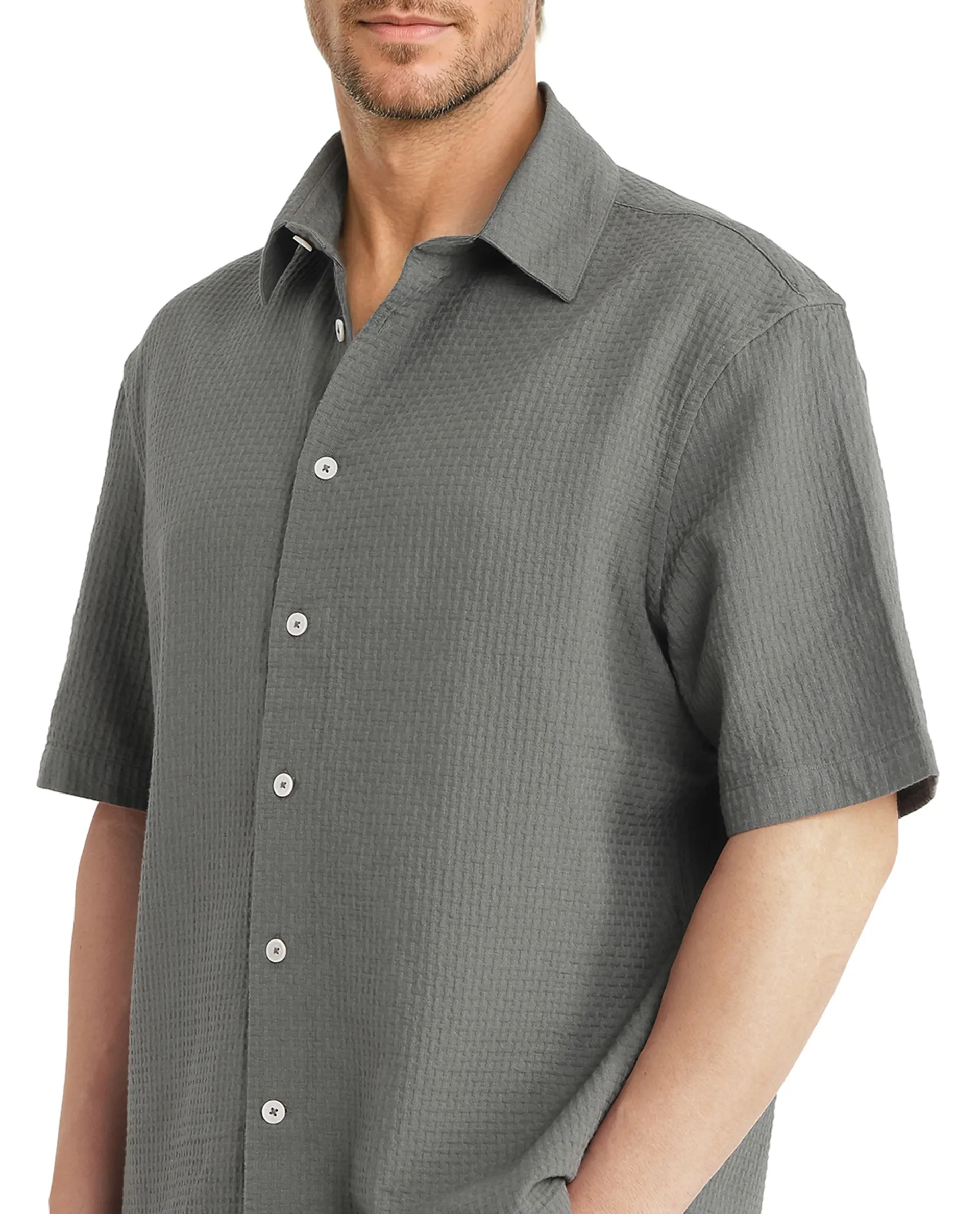 Rare Rabbit Men's Dira Dark Green Cotton Textured Boxy Fit Half Sleeve Collared Shirt - Image 3