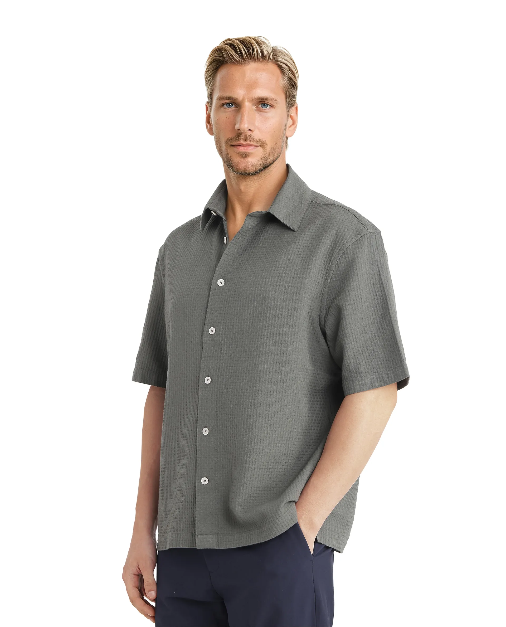 Rare Rabbit Men's Dira Dark Green Cotton Textured Boxy Fit Half Sleeve Collared Shirt - Image 4