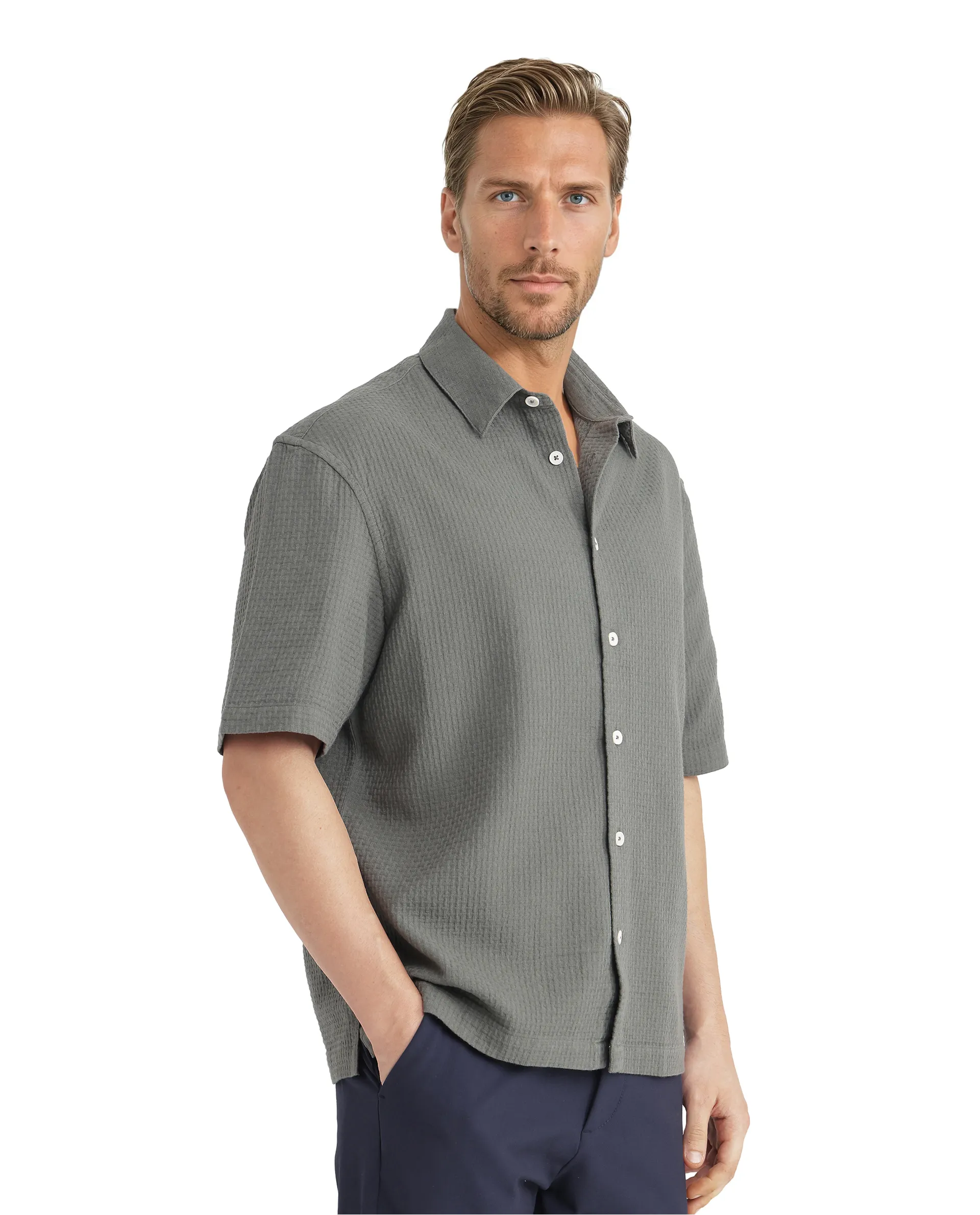Rare Rabbit Men's Dira Dark Green Cotton Textured Boxy Fit Half Sleeve Collared Shirt - Image 5