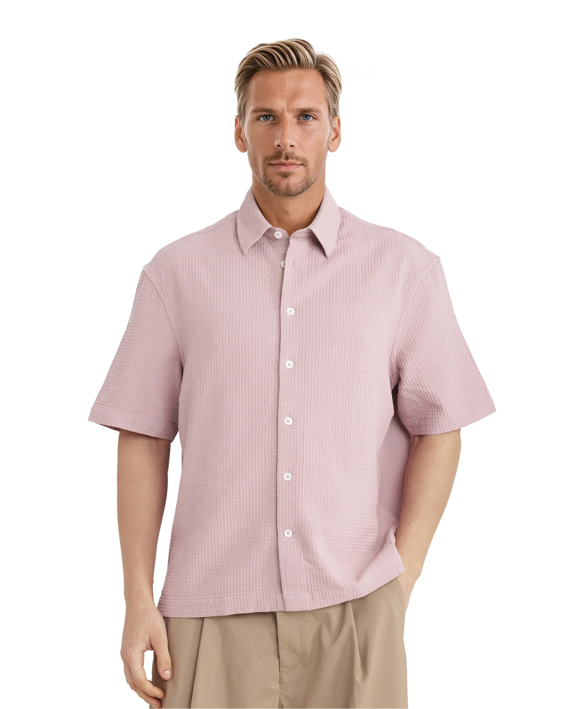 Rare Rabbit Men's Dira Dusky Pink Cotton Textured Regular Fit Half Sleeve Collared Shirt - Image 2