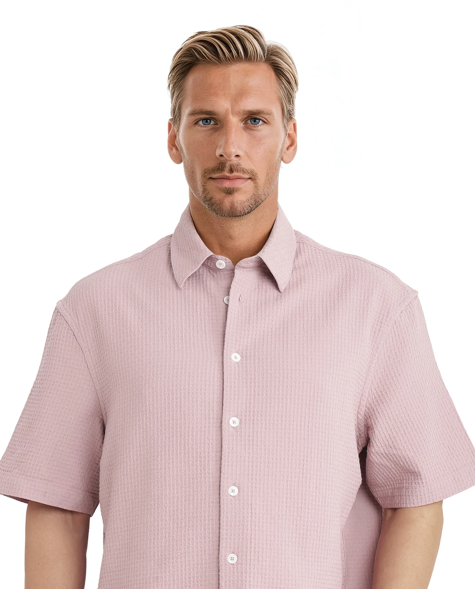 Rare Rabbit Men's Dira Dusky Pink Cotton Textured Regular Fit Half Sleeve Collared Shirt - Image 4