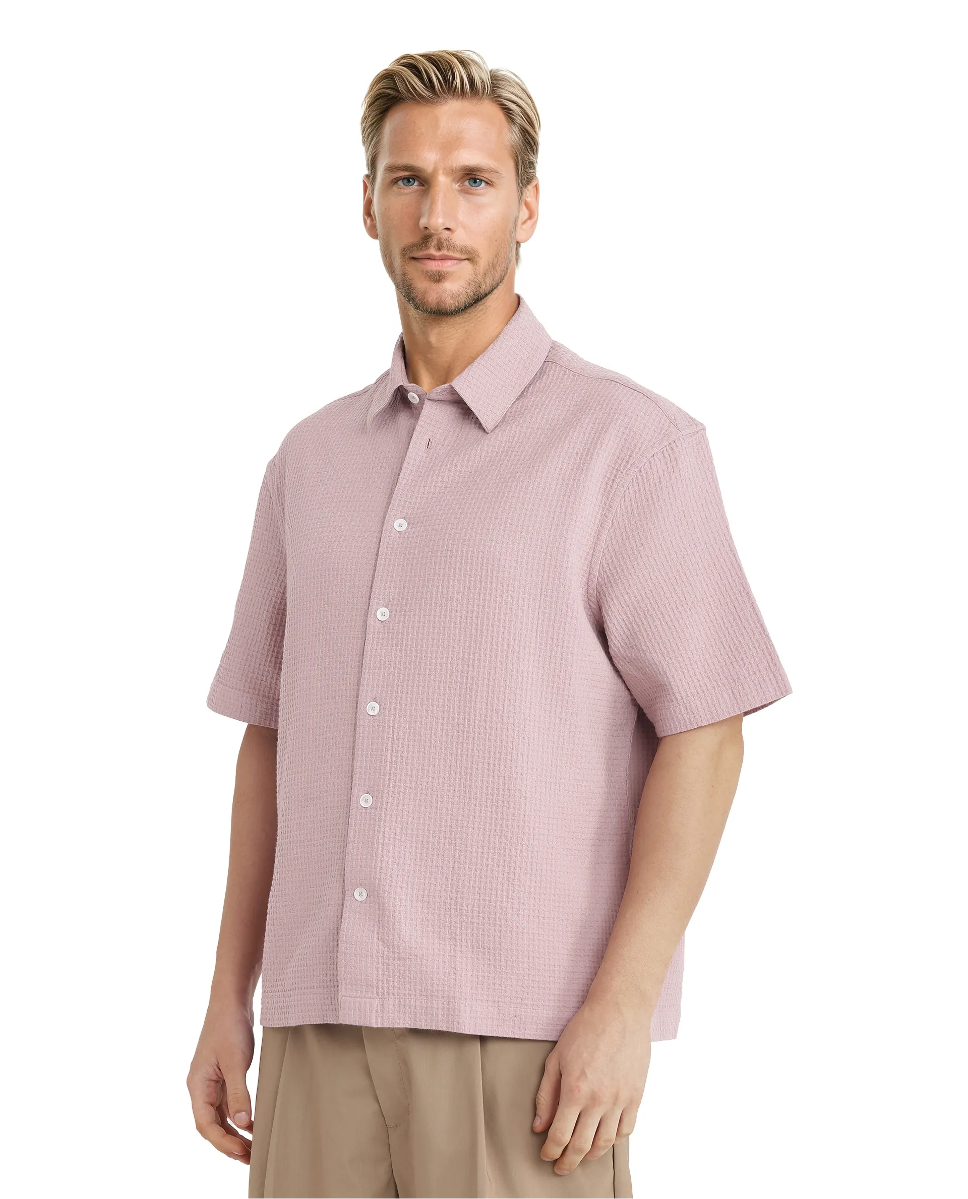 Rare Rabbit Men's Dira Dusky Pink Cotton Textured Regular Fit Half Sleeve Collared Shirt - Image 5