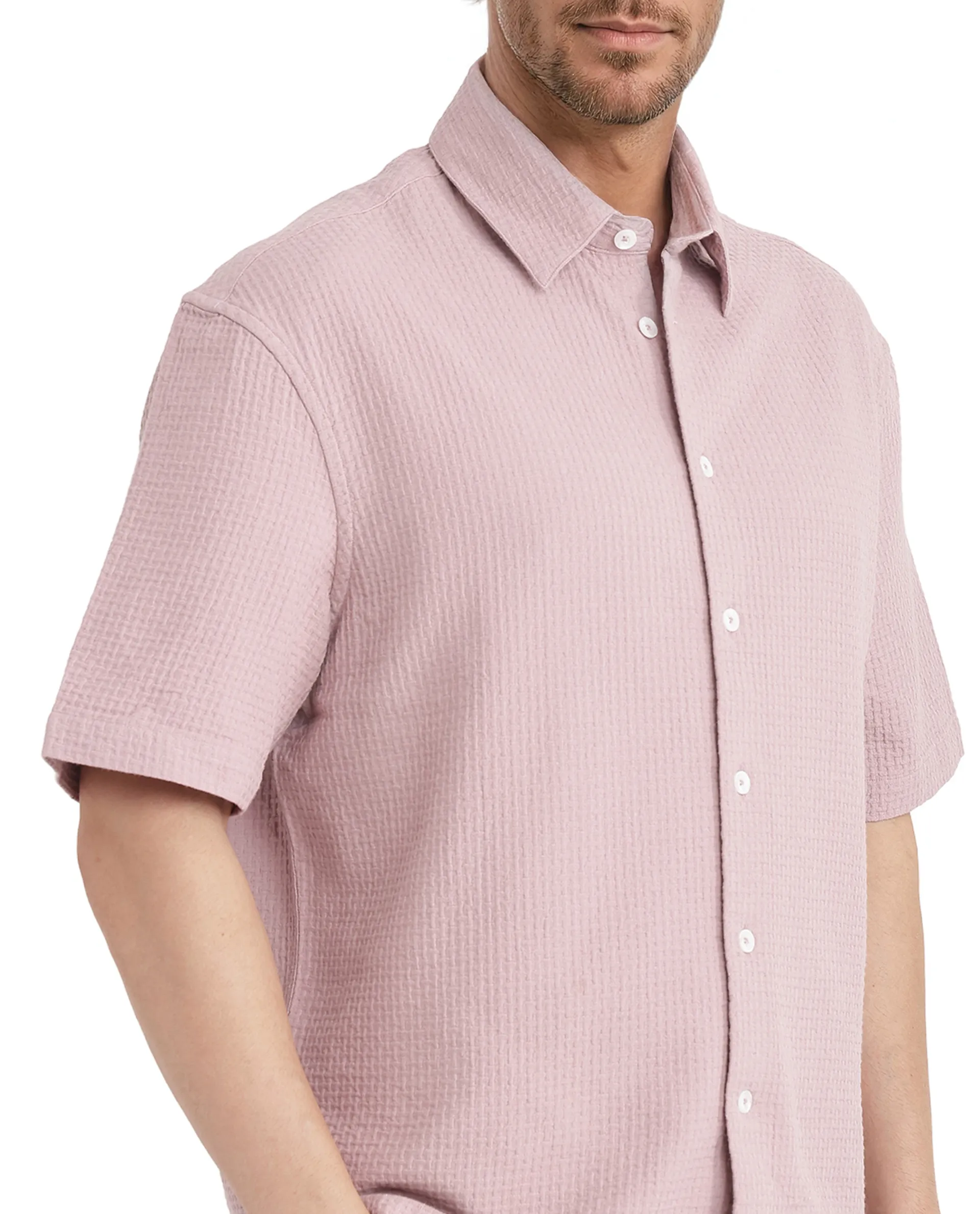 Rare Rabbit Men's Dira Dusky Pink Cotton Textured Regular Fit Half Sleeve Collared Shirt - Image 6