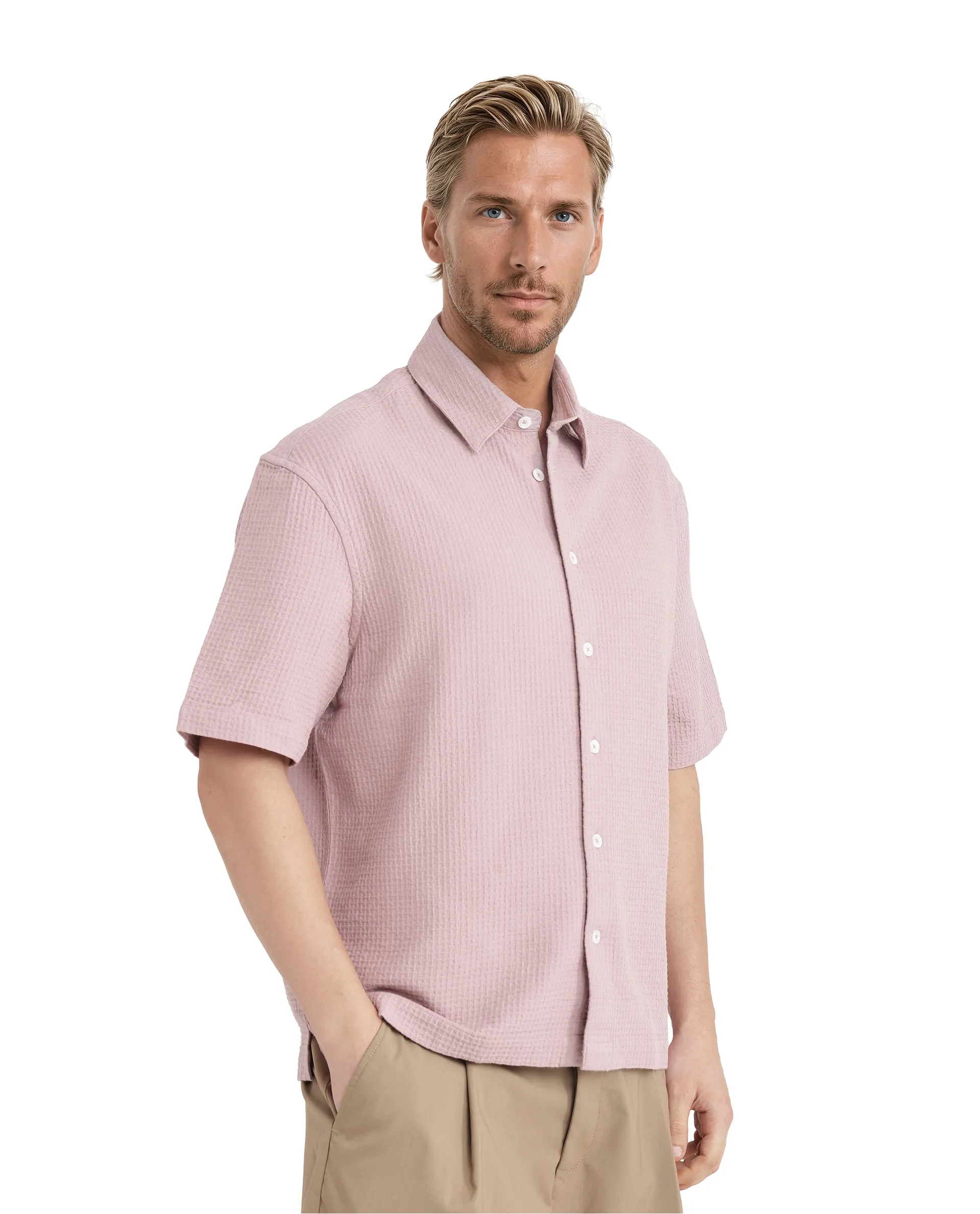 Rare Rabbit Men's Dira Dusky Pink Cotton Textured Regular Fit Half Sleeve Collared Shirt - Image 7