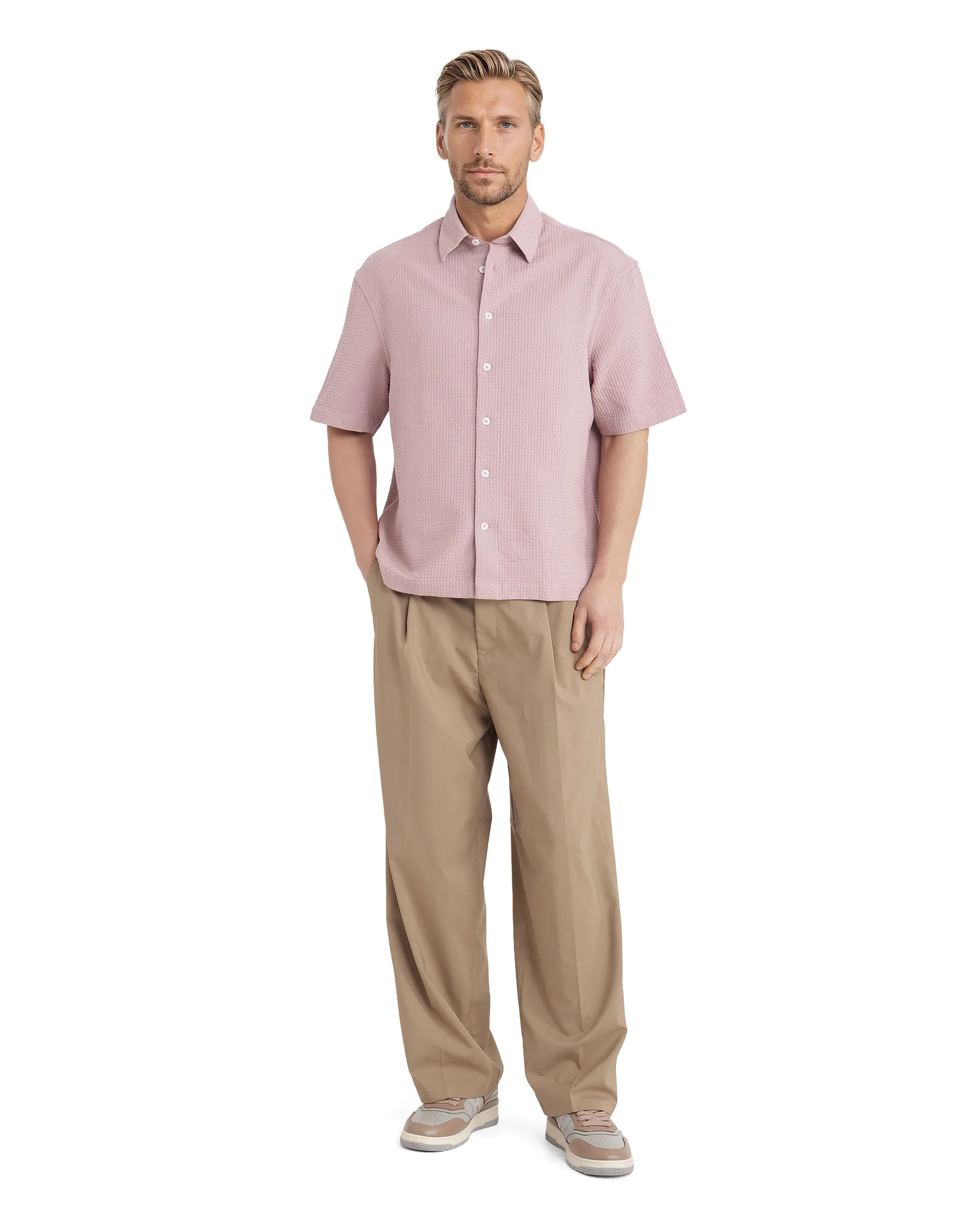 Rare Rabbit Men's Dira Dusky Pink Cotton Textured Regular Fit Half Sleeve Collared Shirt - Image 8