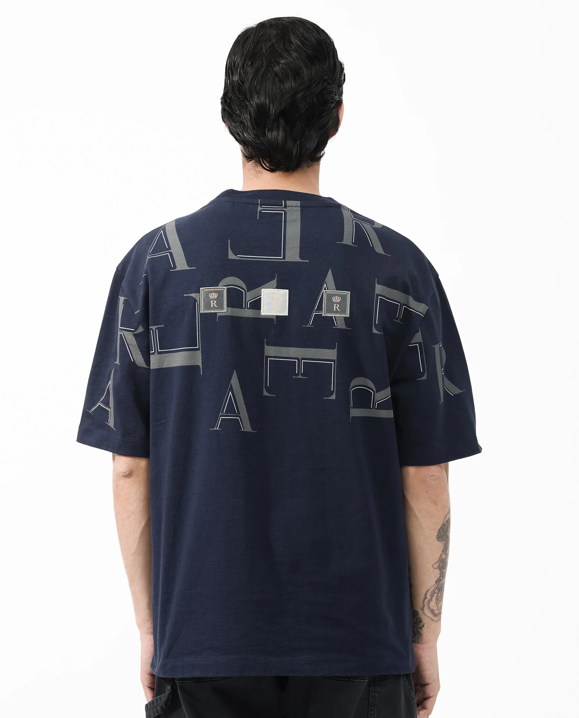 Rare Rabbit Articale Men's Dis Navy Cotton Polyester Fabric Crew Neck Oversized Fit Typography Print T-Shirt - Image 2