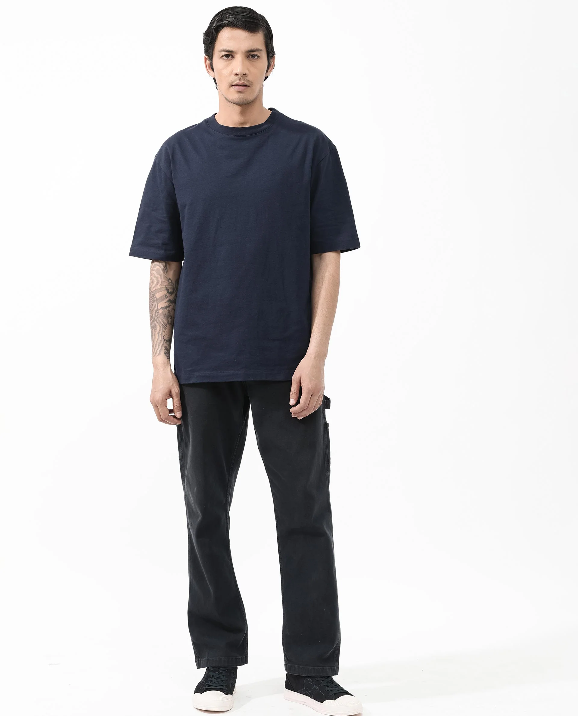 Rare Rabbit Articale Men's Dis Navy Cotton Polyester Fabric Crew Neck Oversized Fit Typography Print T-Shirt - Image 3