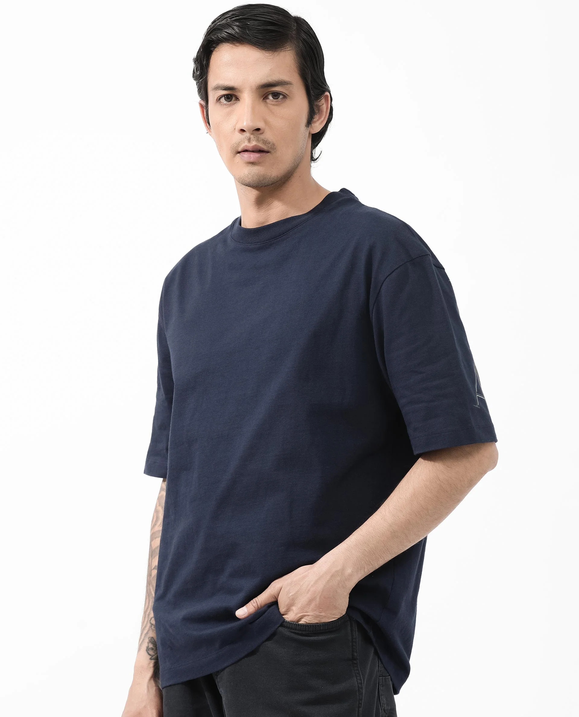 Rare Rabbit Articale Men's Dis Navy Cotton Polyester Fabric Crew Neck Oversized Fit Typography Print T-Shirt - Image 4