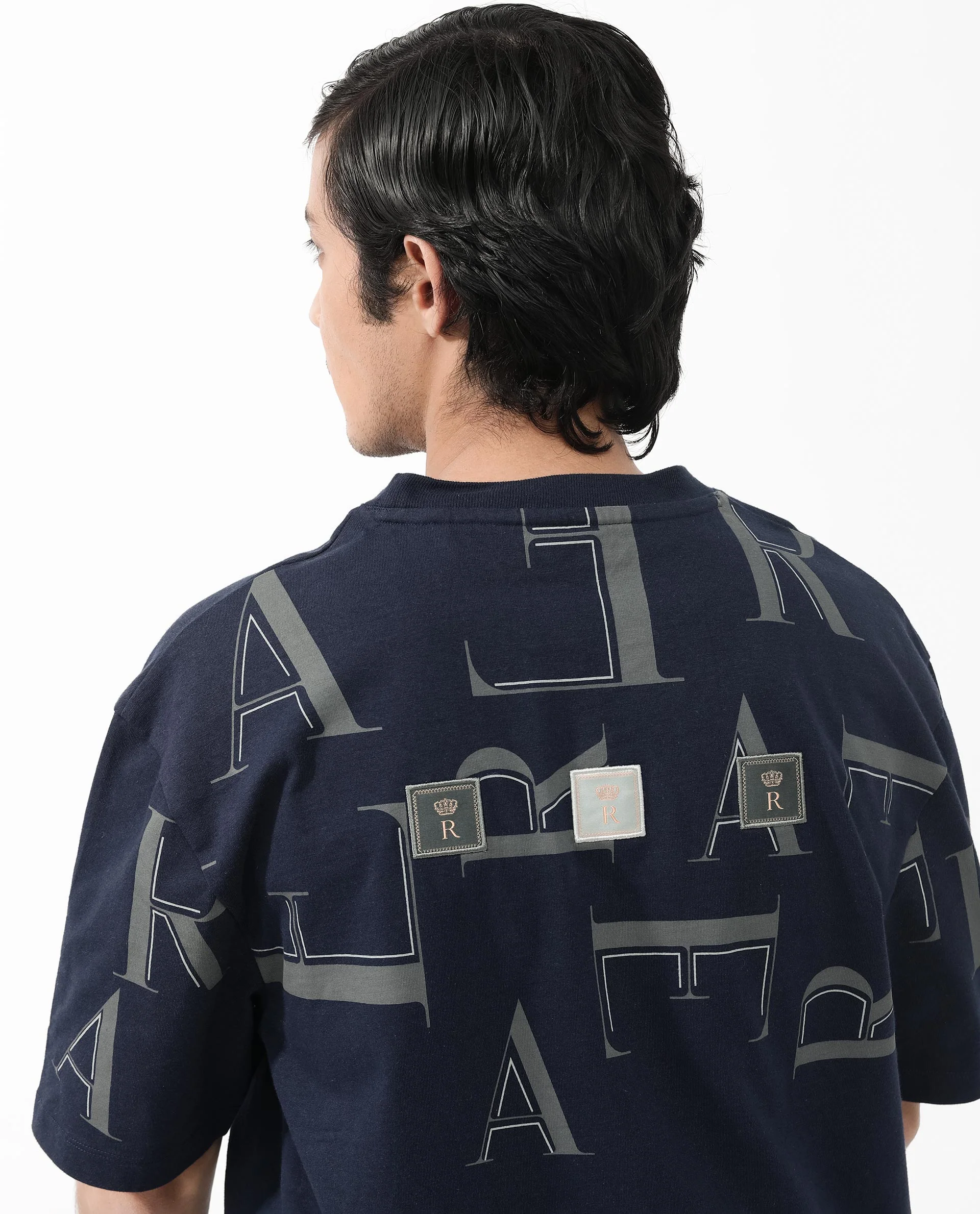 Rare Rabbit Articale Men's Dis Navy Cotton Polyester Fabric Crew Neck Oversized Fit Typography Print T-Shirt - Image 5