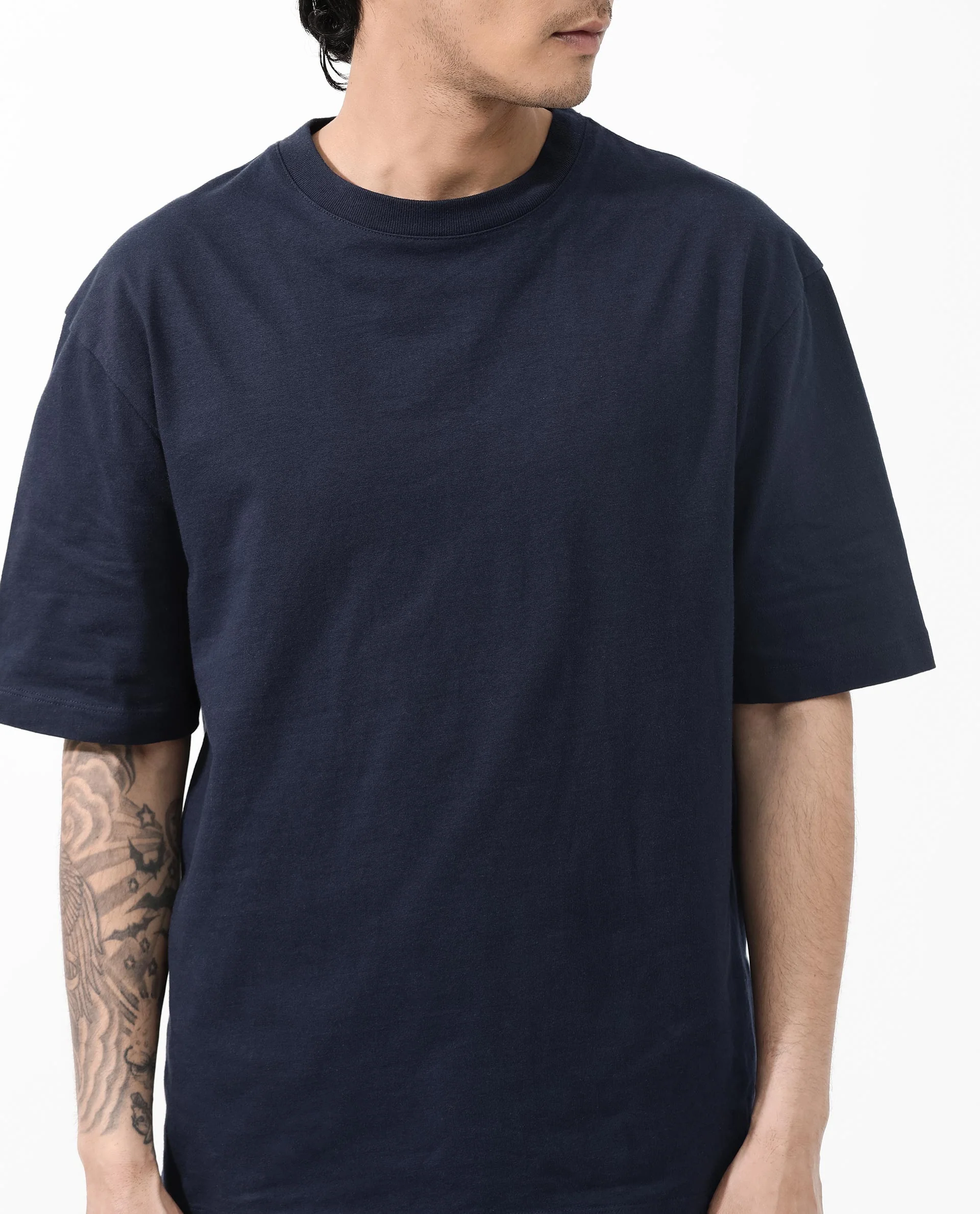 Rare Rabbit Articale Men's Dis Navy Cotton Polyester Fabric Crew Neck Oversized Fit Typography Print T-Shirt - Image 6