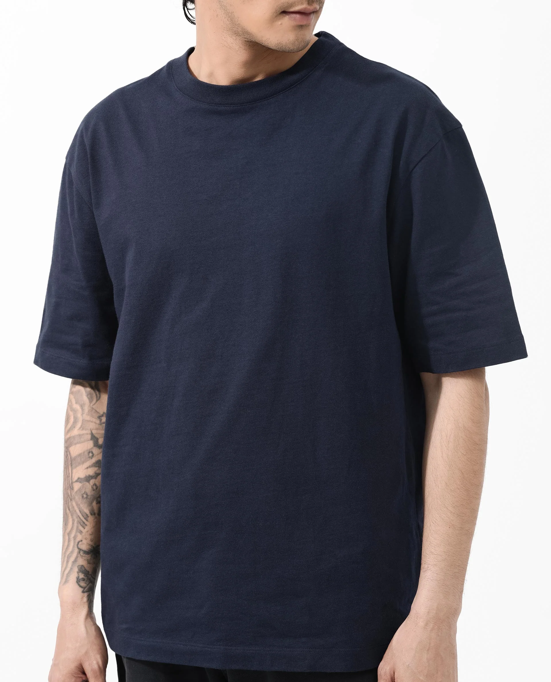 Rare Rabbit Articale Men's Dis Navy Cotton Polyester Fabric Crew Neck Oversized Fit Typography Print T-Shirt - Image 7