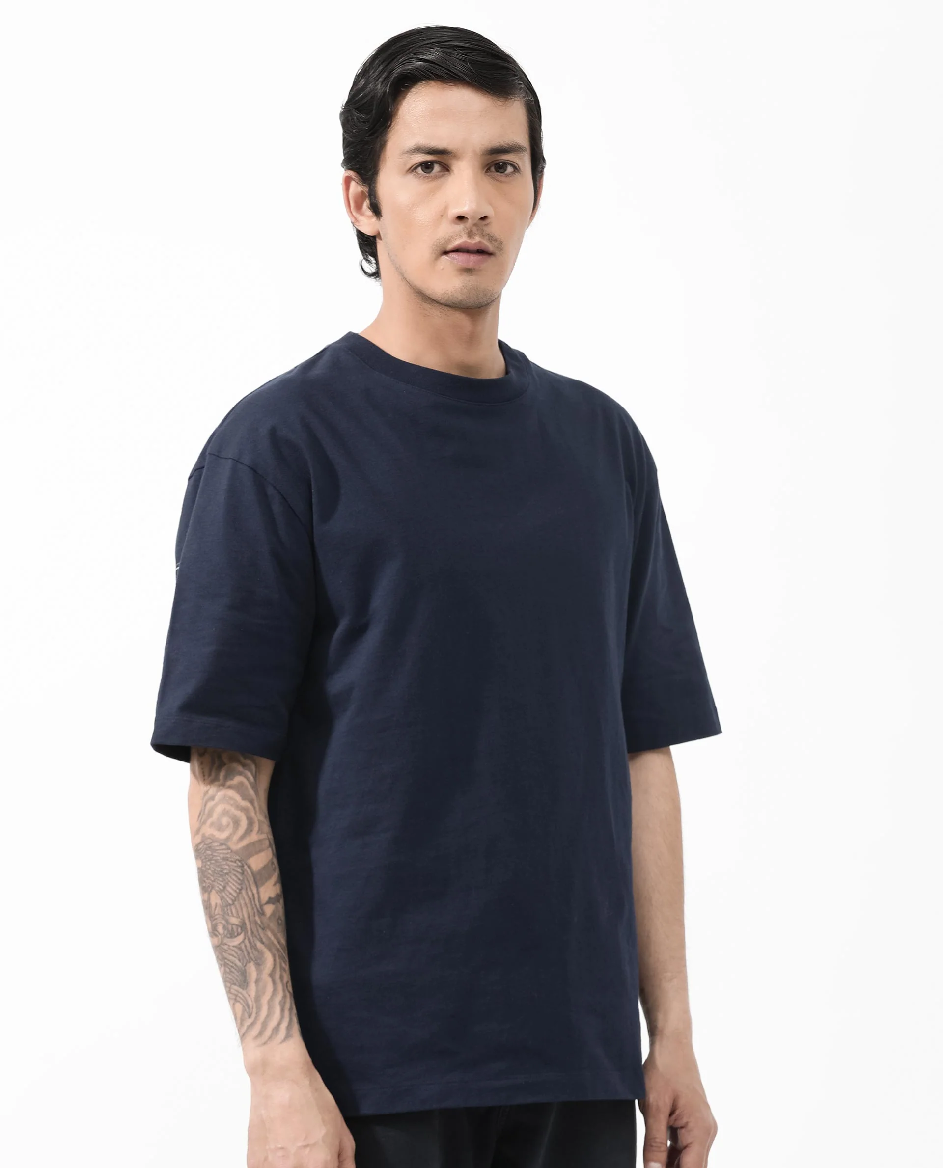 Rare Rabbit Articale Men's Dis Navy Cotton Polyester Fabric Crew Neck Oversized Fit Typography Print T-Shirt - Image 8