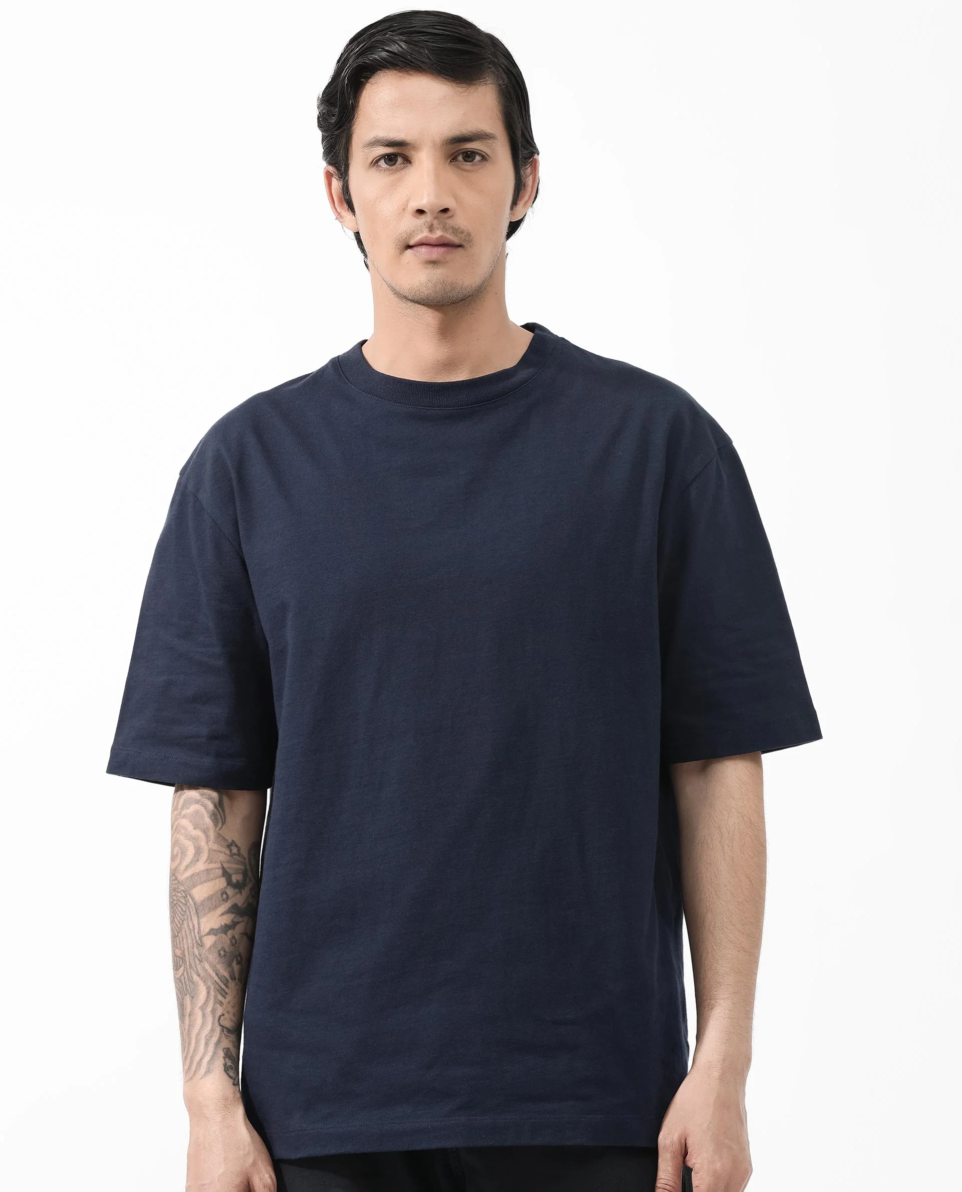 Rare Rabbit Articale Men's Dis Navy Cotton Polyester Fabric Crew Neck Oversized Fit Typography Print T-Shirt - Image 9