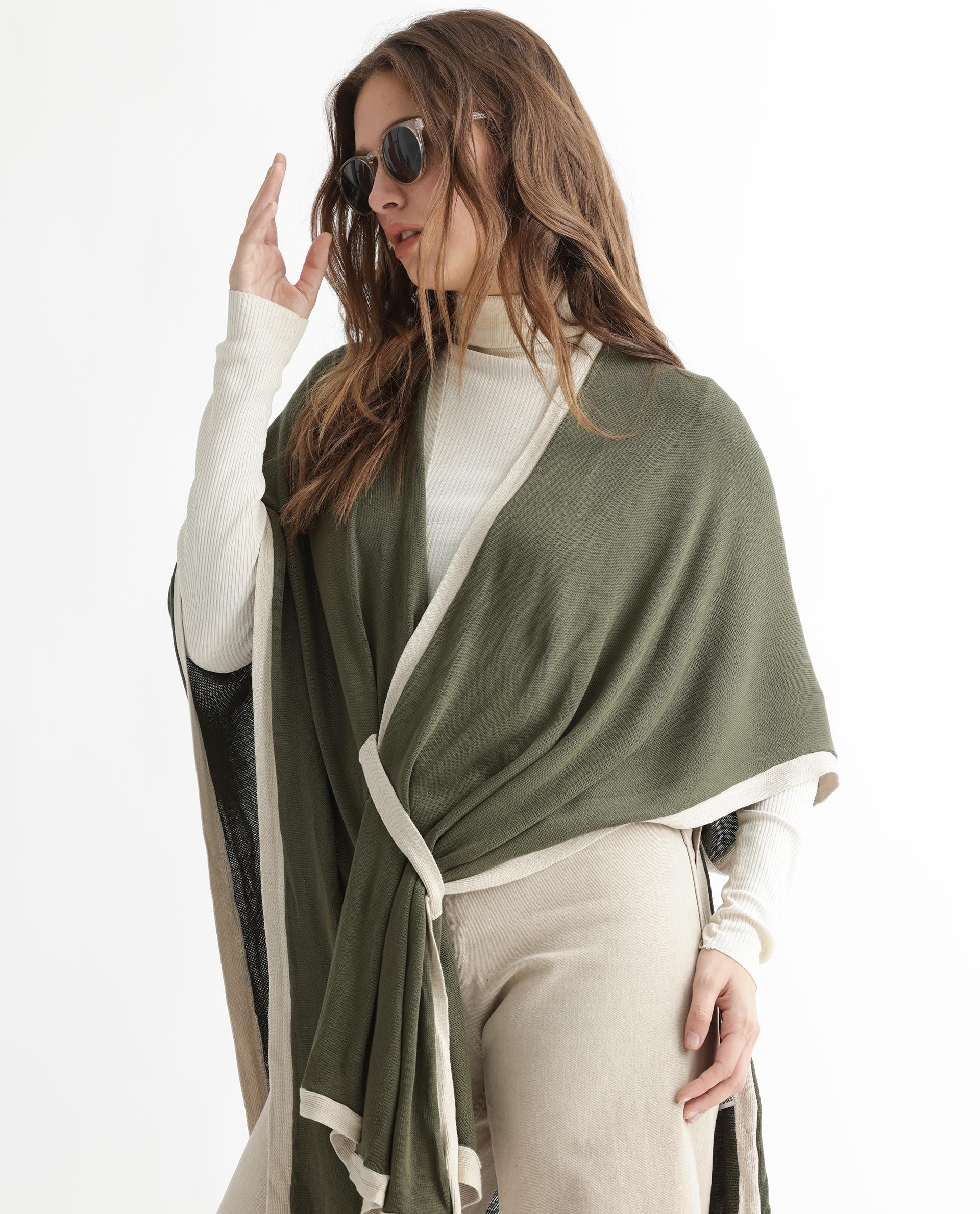 Rareism Women's Display Olive Viscose Collarless Plain Cape Sleeve Relaxed Fit Sweater