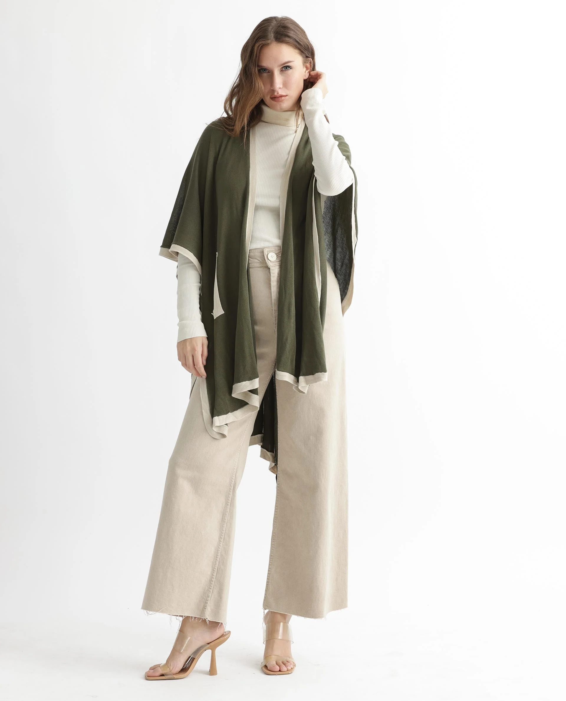 Rareism Women's Display Olive Viscose Collarless Plain Cape Sleeve Relaxed Fit Sweater - Image 10