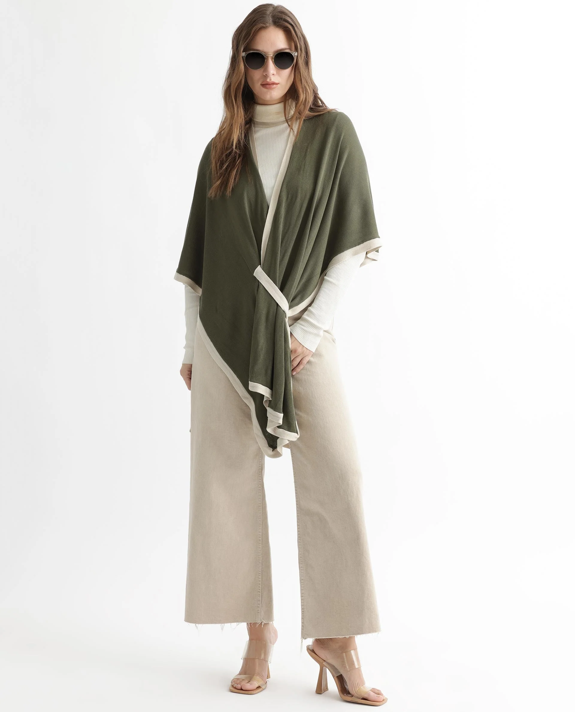 Rareism Women's Display Olive Viscose Collarless Plain Cape Sleeve Relaxed Fit Sweater - Image 11