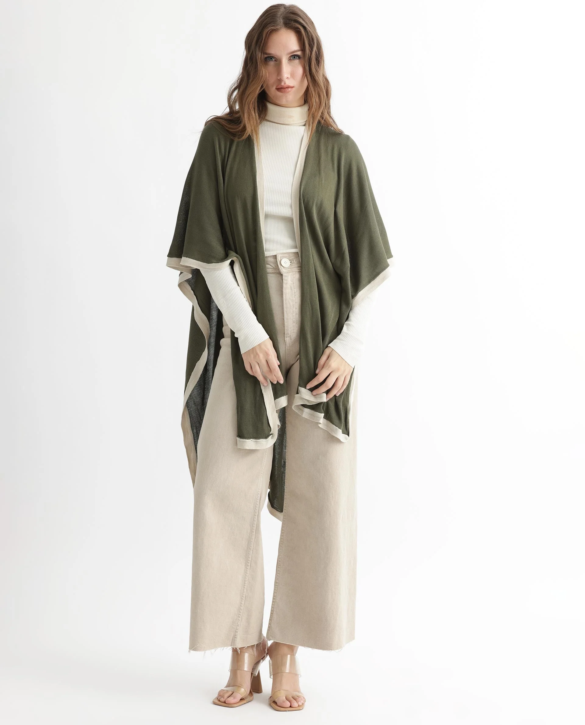 Rareism Women's Display Olive Viscose Collarless Plain Cape Sleeve Relaxed Fit Sweater - Image 12