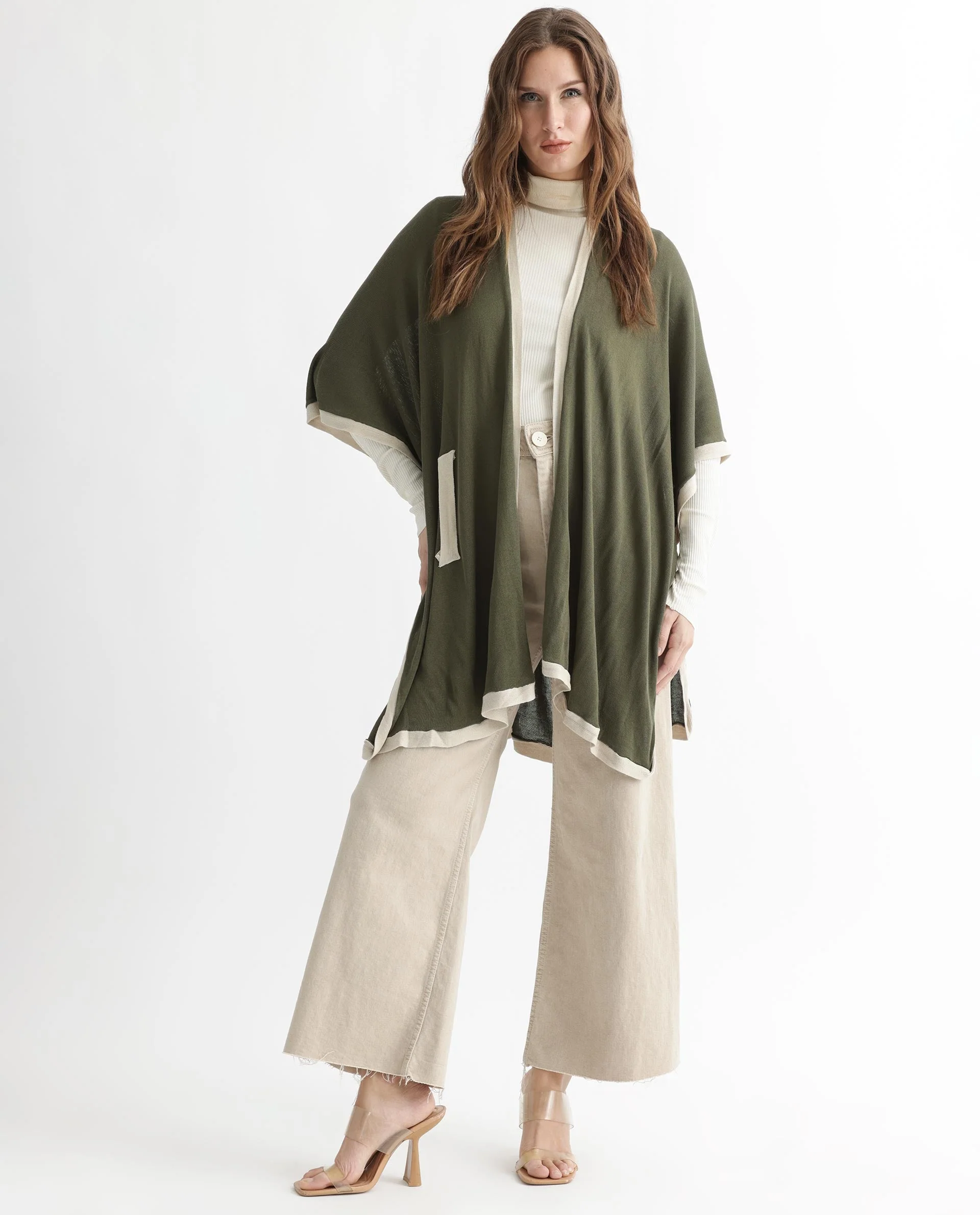 Rareism Women's Display Olive Viscose Collarless Plain Cape Sleeve Relaxed Fit Sweater - Image 2