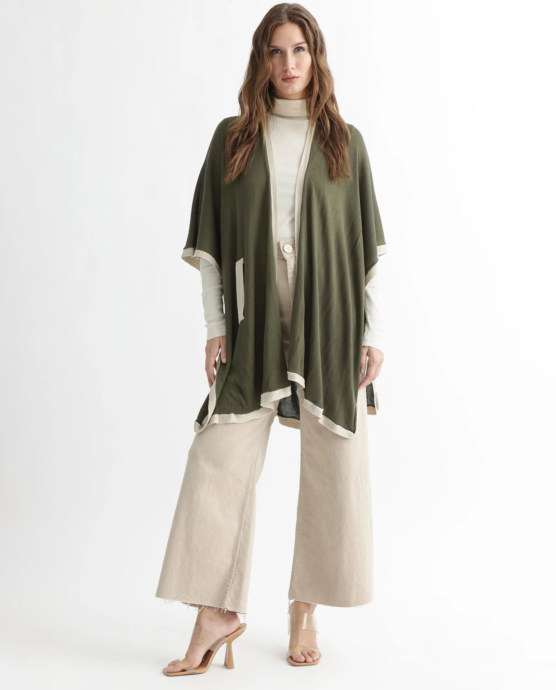 Rareism Women's Display Olive Viscose Collarless Plain Cape Sleeve Relaxed Fit Sweater - Image 4