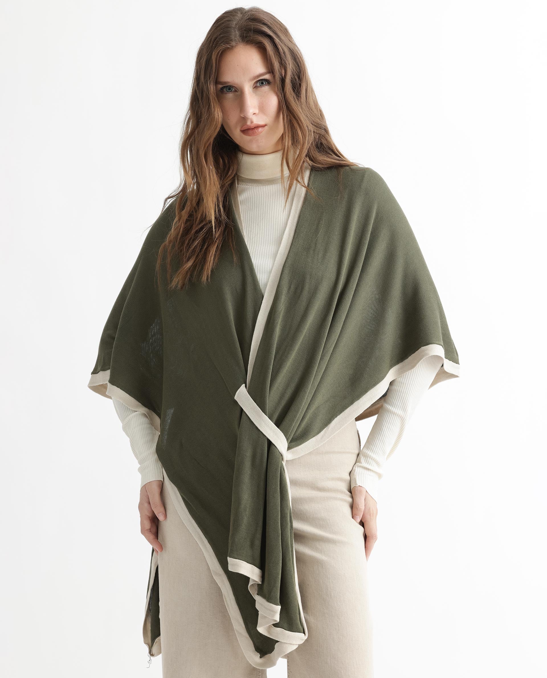 Rareism Women's Display Olive Viscose Collarless Plain Cape Sleeve Relaxed Fit Sweater - Image 6