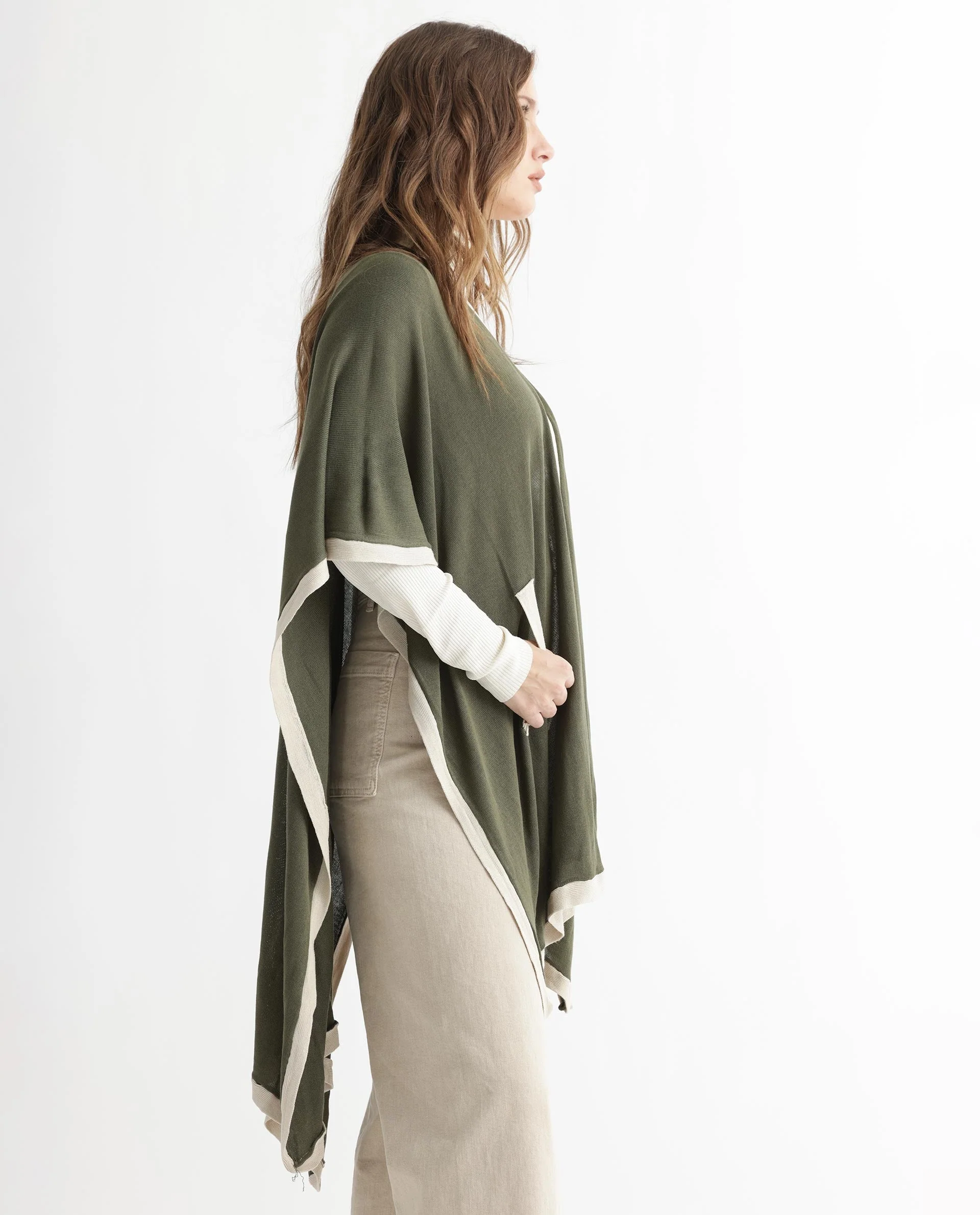 Rareism Women's Display Olive Viscose Collarless Plain Cape Sleeve Relaxed Fit Sweater - Image 7