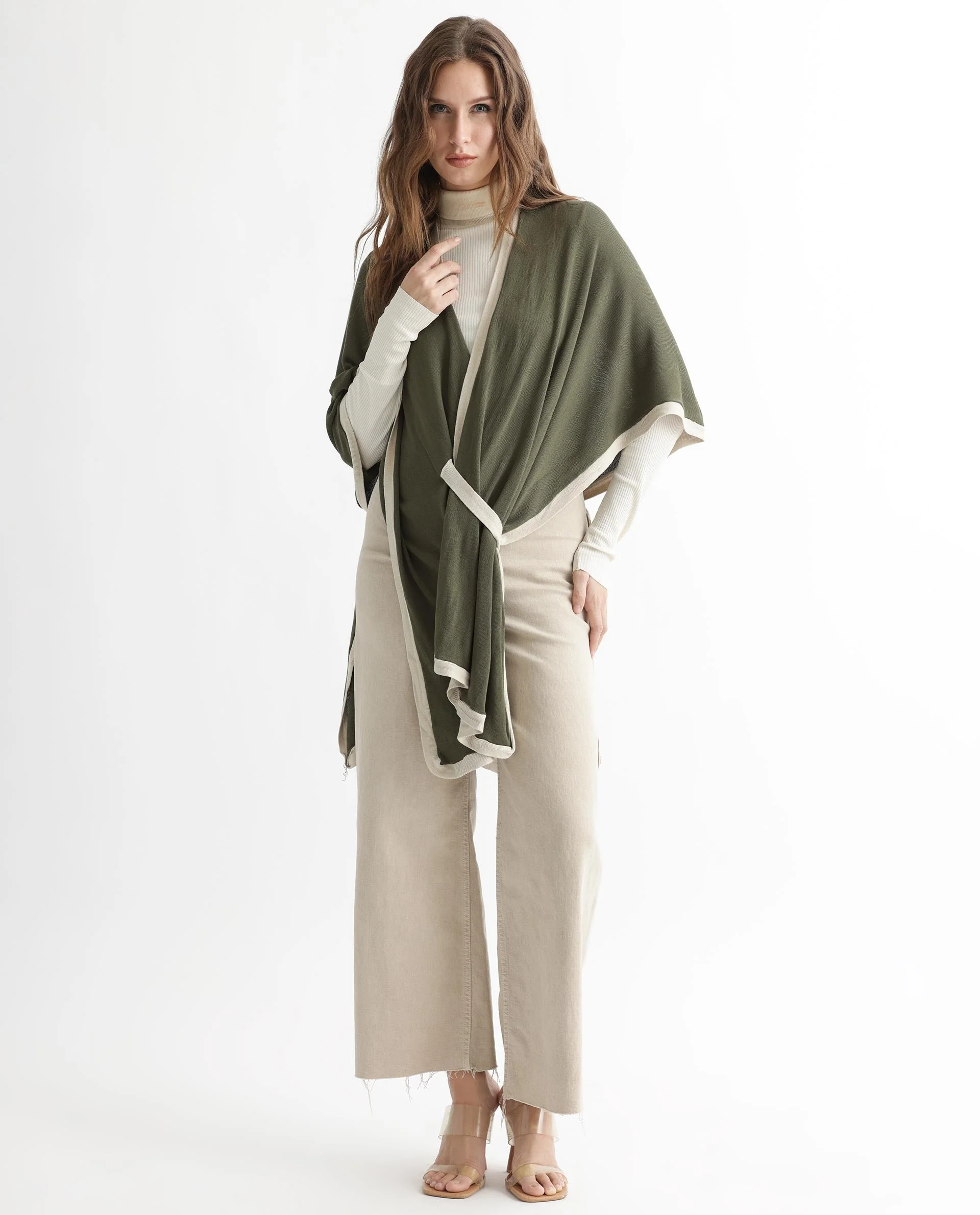 Rareism Women's Display Olive Viscose Collarless Plain Cape Sleeve Relaxed Fit Sweater - Image 8