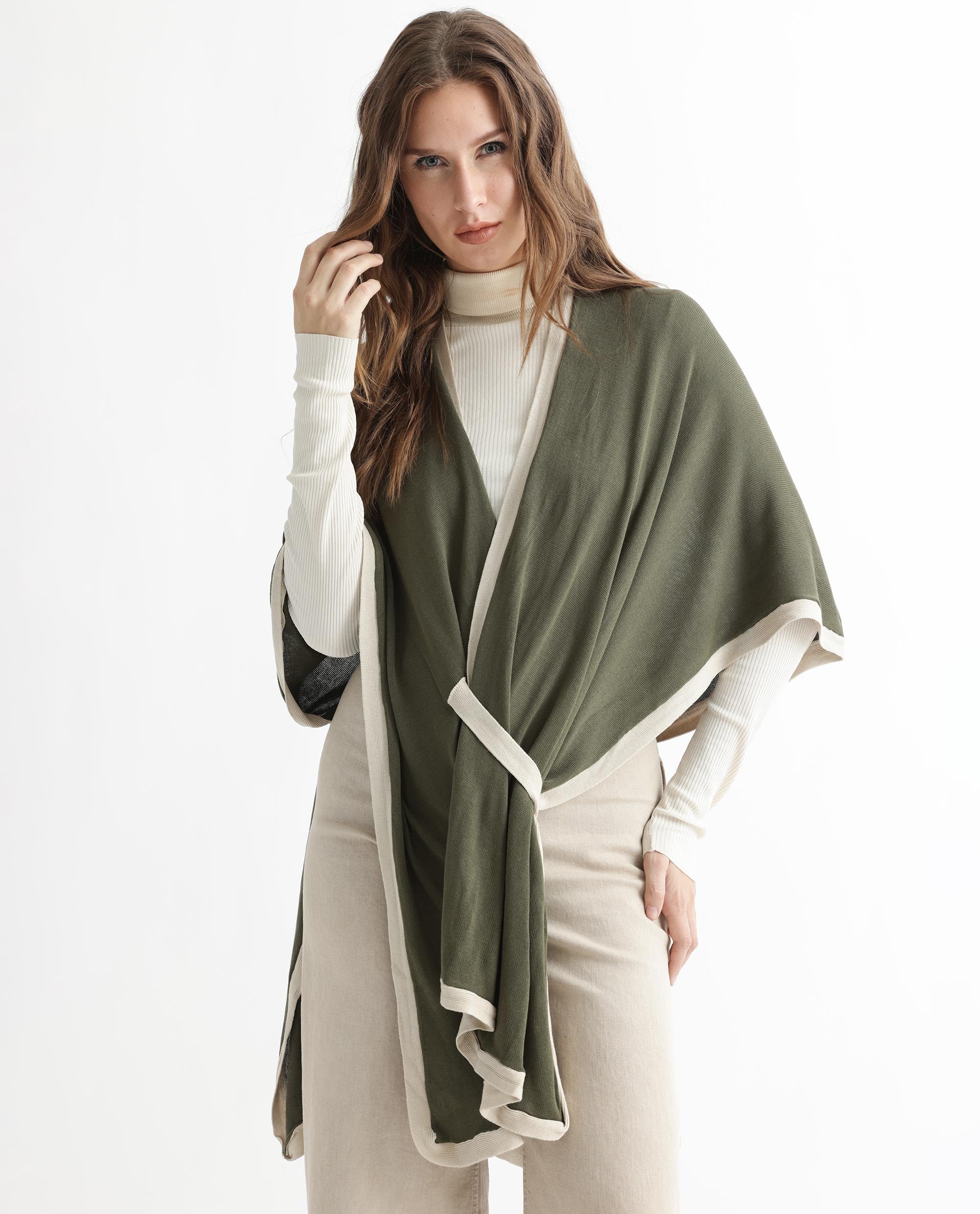 Rareism Women's Display Olive Viscose Collarless Plain Cape Sleeve Relaxed Fit Sweater - Image 9