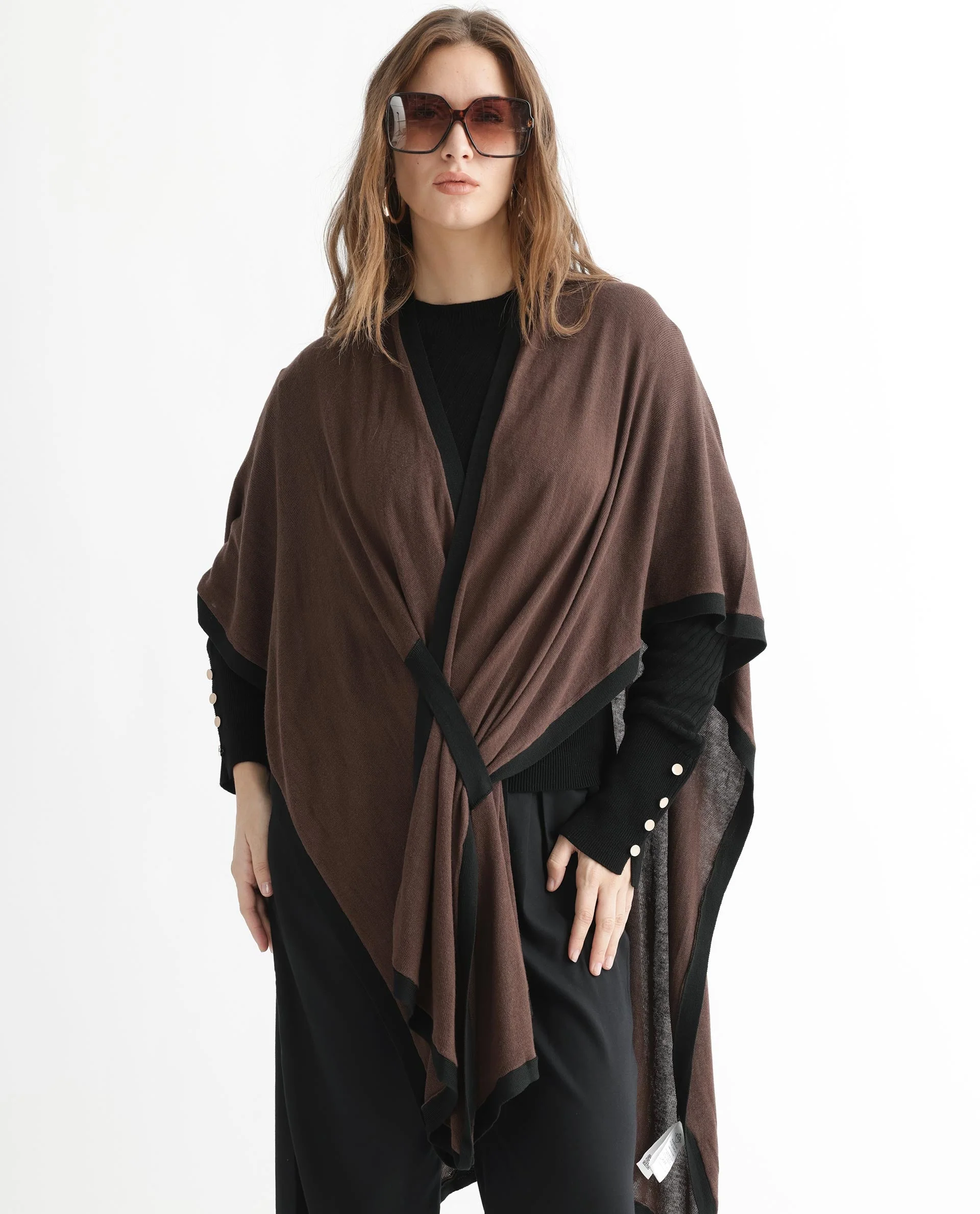 Rareism Women's Display Brown Viscose Collarless Plain Cape Sleeve Relaxed Fit Sweater