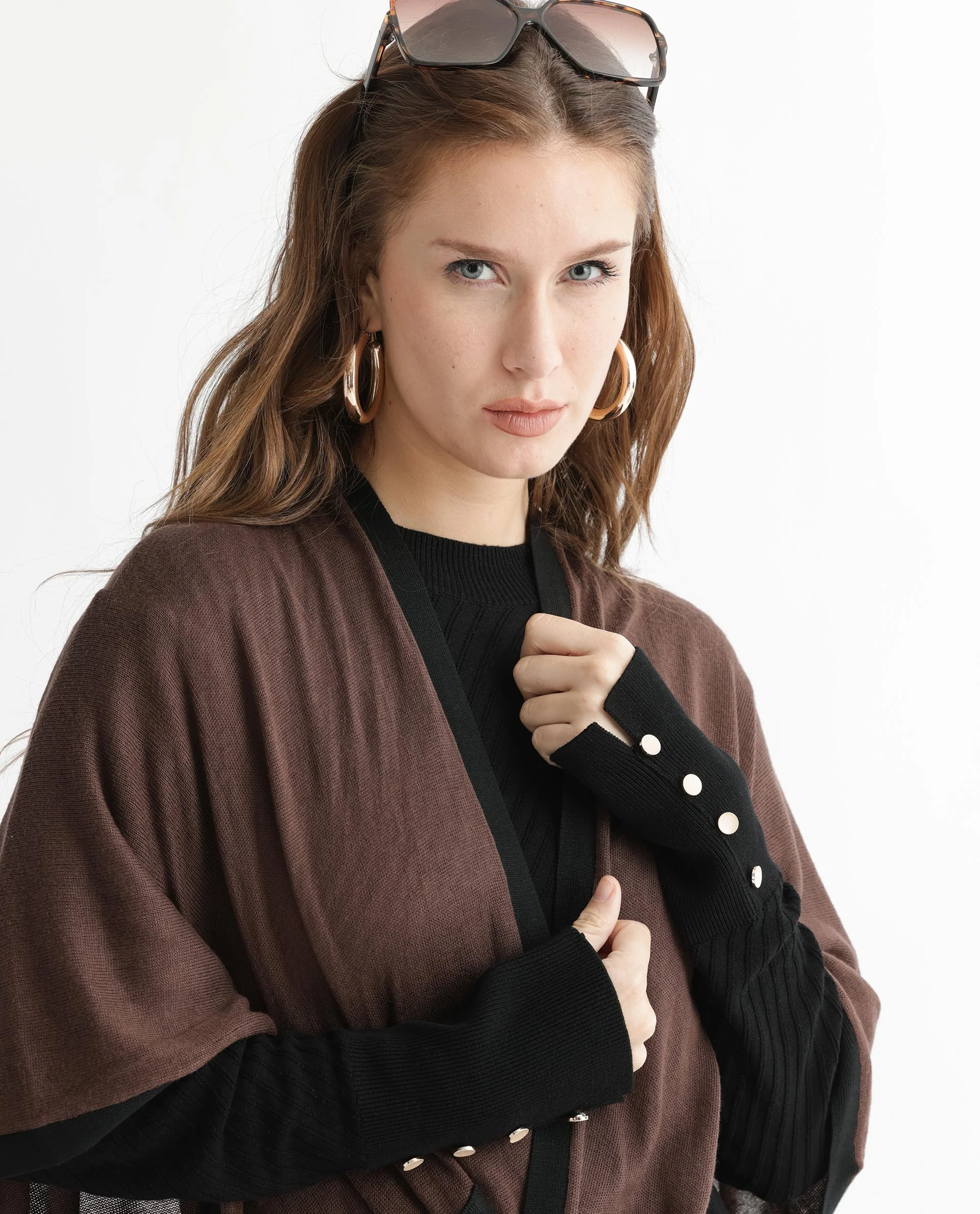 Rareism Women's Display Brown Viscose Collarless Plain Cape Sleeve Relaxed Fit Sweater - Image 2
