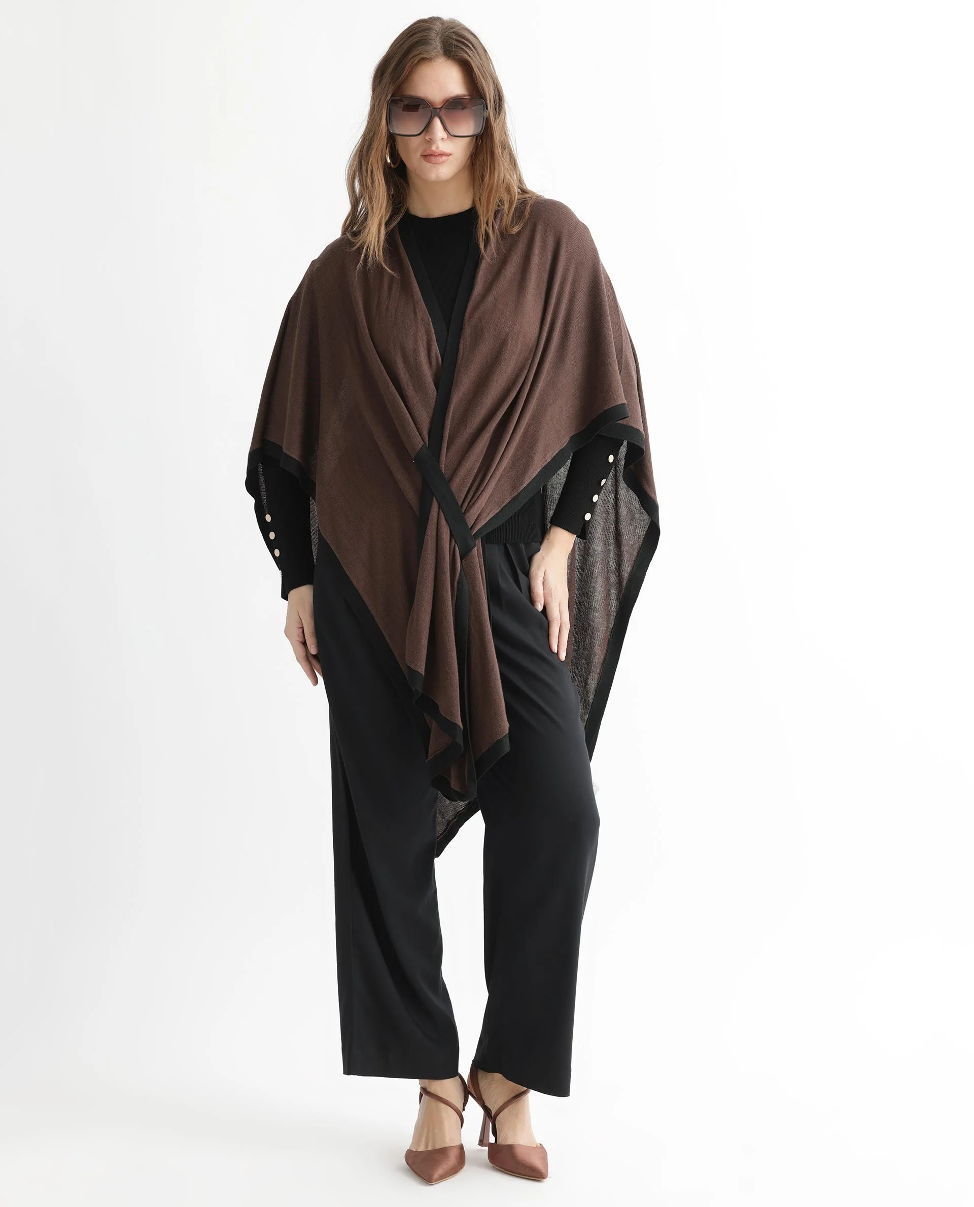 Rareism Women's Display Brown Viscose Collarless Plain Cape Sleeve Relaxed Fit Sweater - Image 3