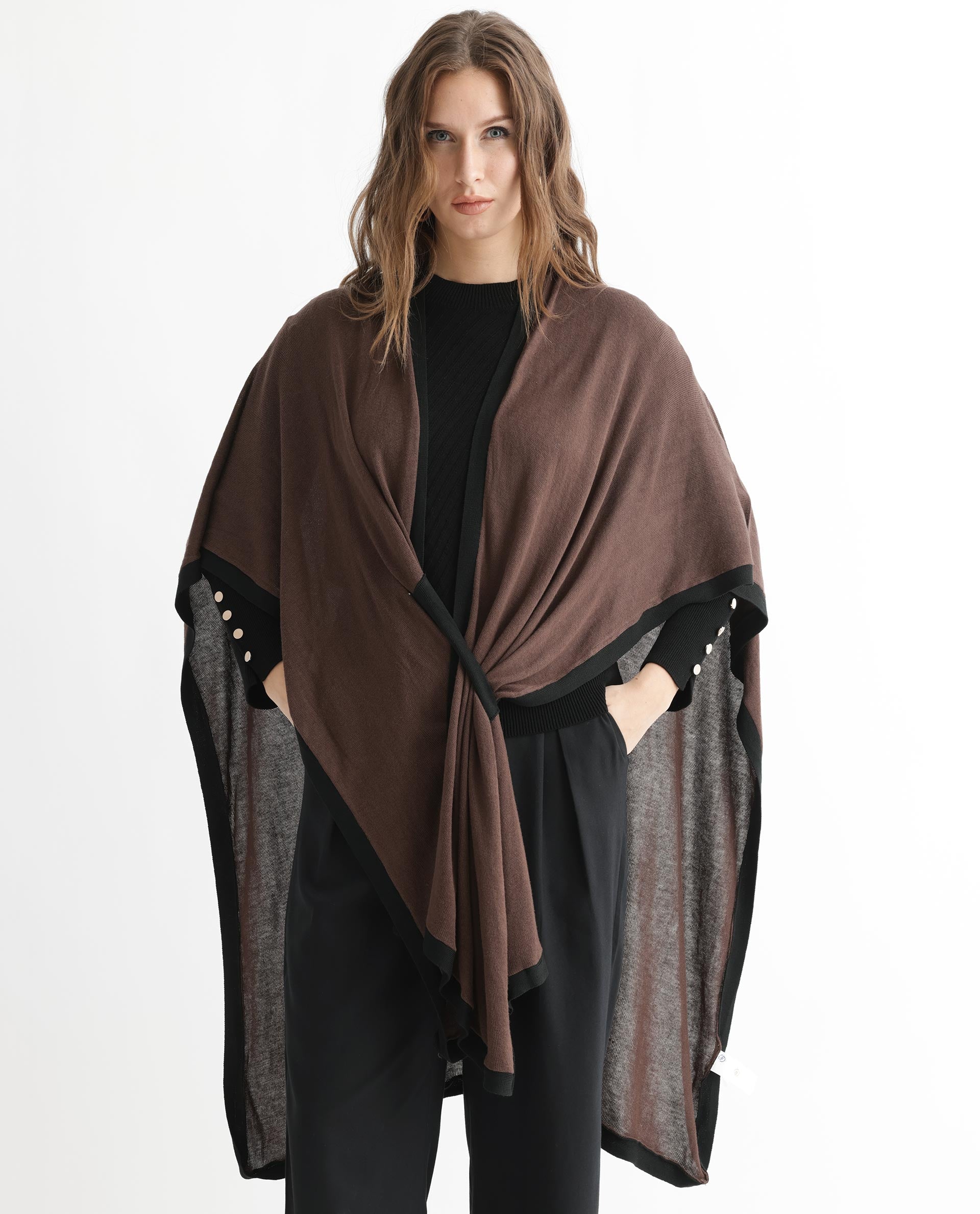 Rareism Women's Display Brown Viscose Collarless Plain Cape Sleeve Relaxed Fit Sweater - Image 4