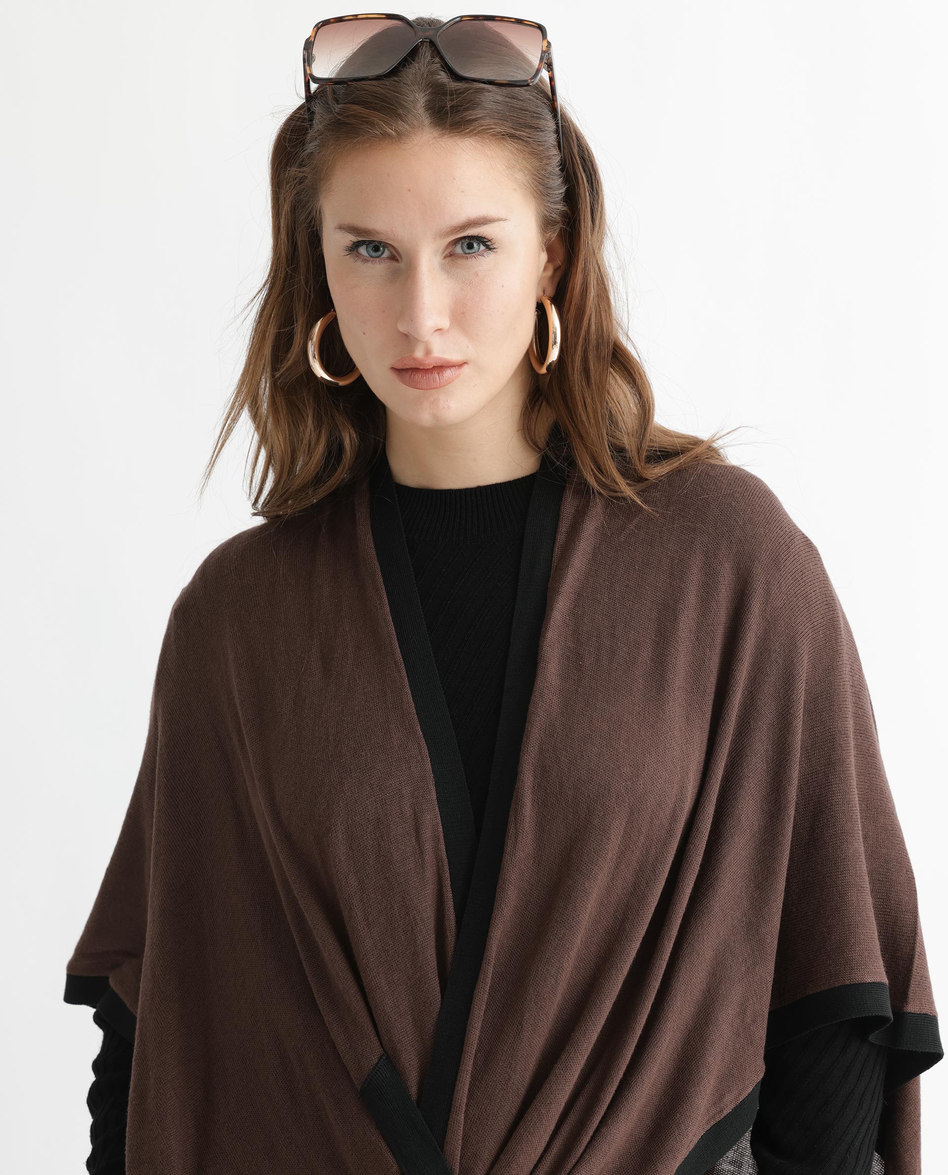 Rareism Women's Display Brown Viscose Collarless Plain Cape Sleeve Relaxed Fit Sweater - Image 5