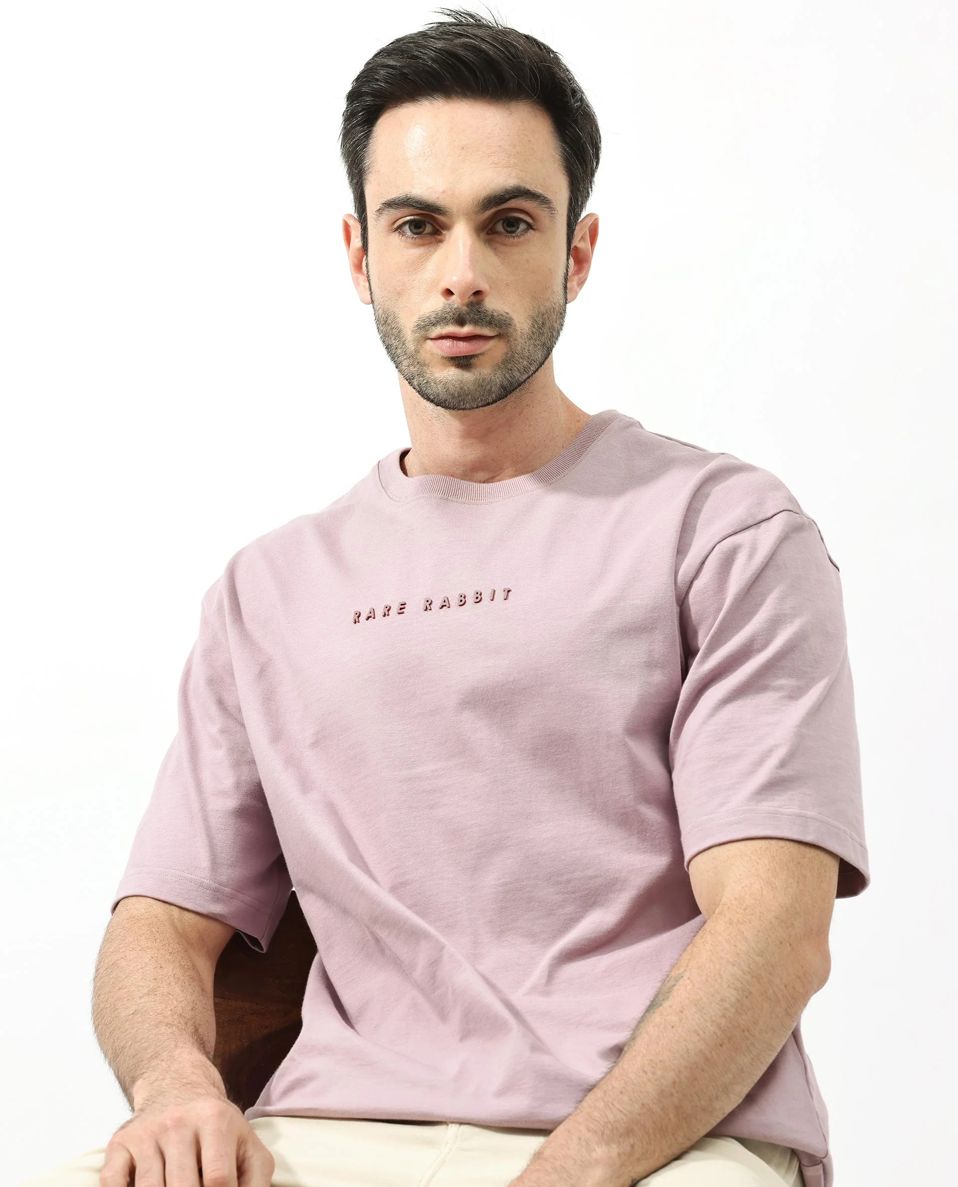 Rare Rabbit Articale Men's Dist Purple Crew Neck Short Sleeves Botanical Print Oversized T-Shirt - Image 3