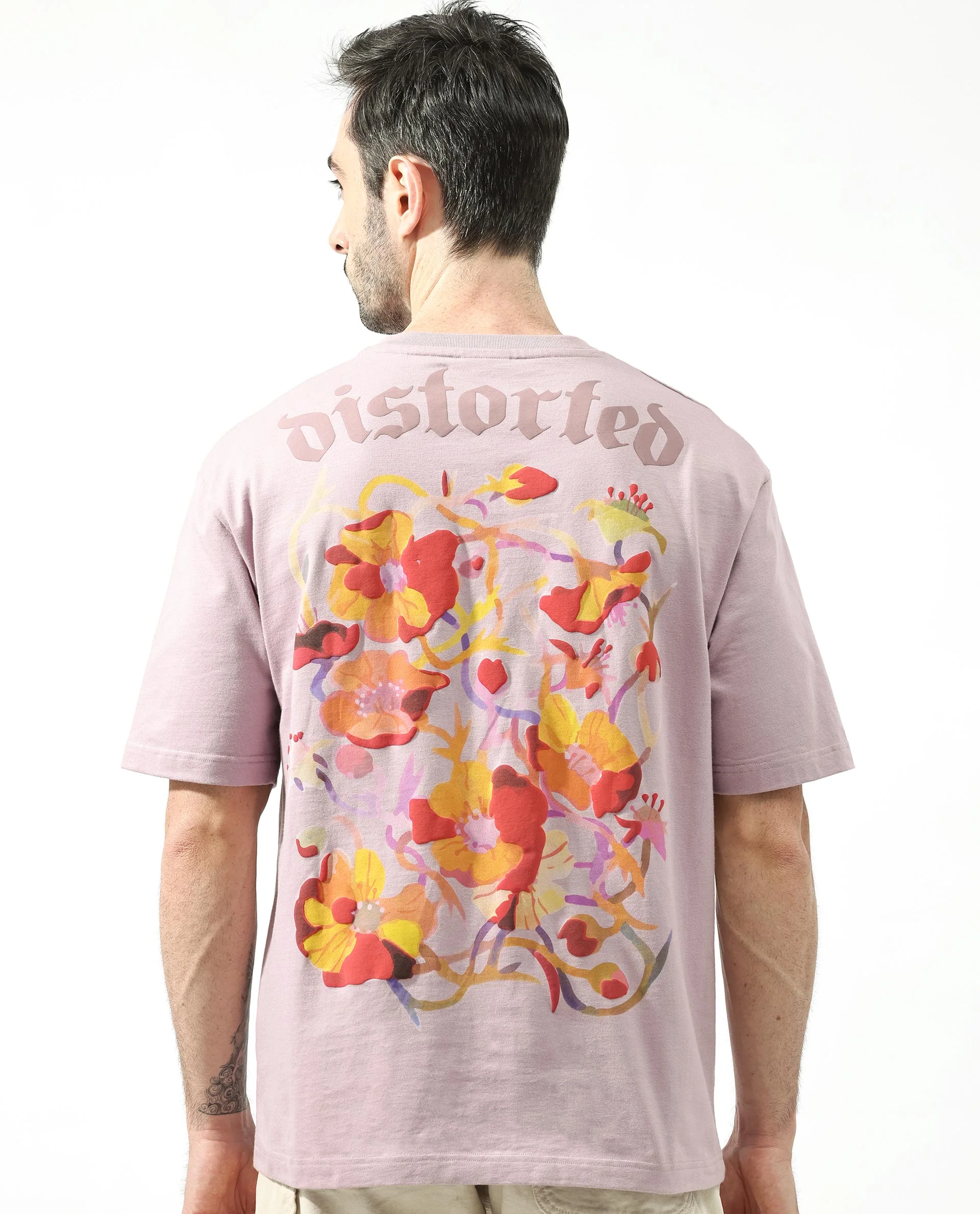 Rare Rabbit Articale Men's Dist Purple Crew Neck Short Sleeves Botanical Print Oversized T-Shirt - Image 4