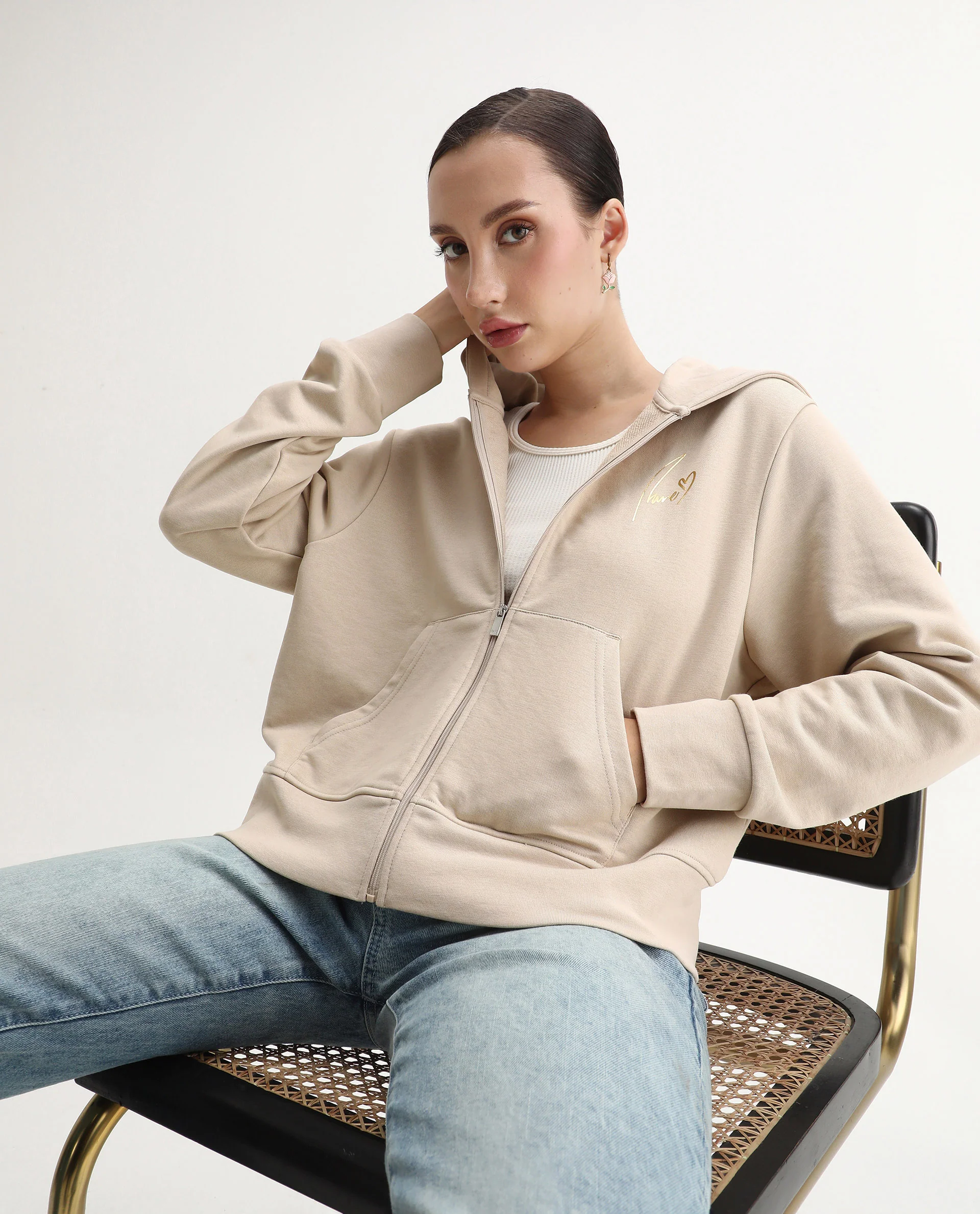 Rareism Women's Div Beige Cotton Blend Hooded Regular Fit Printed Sweatshirt