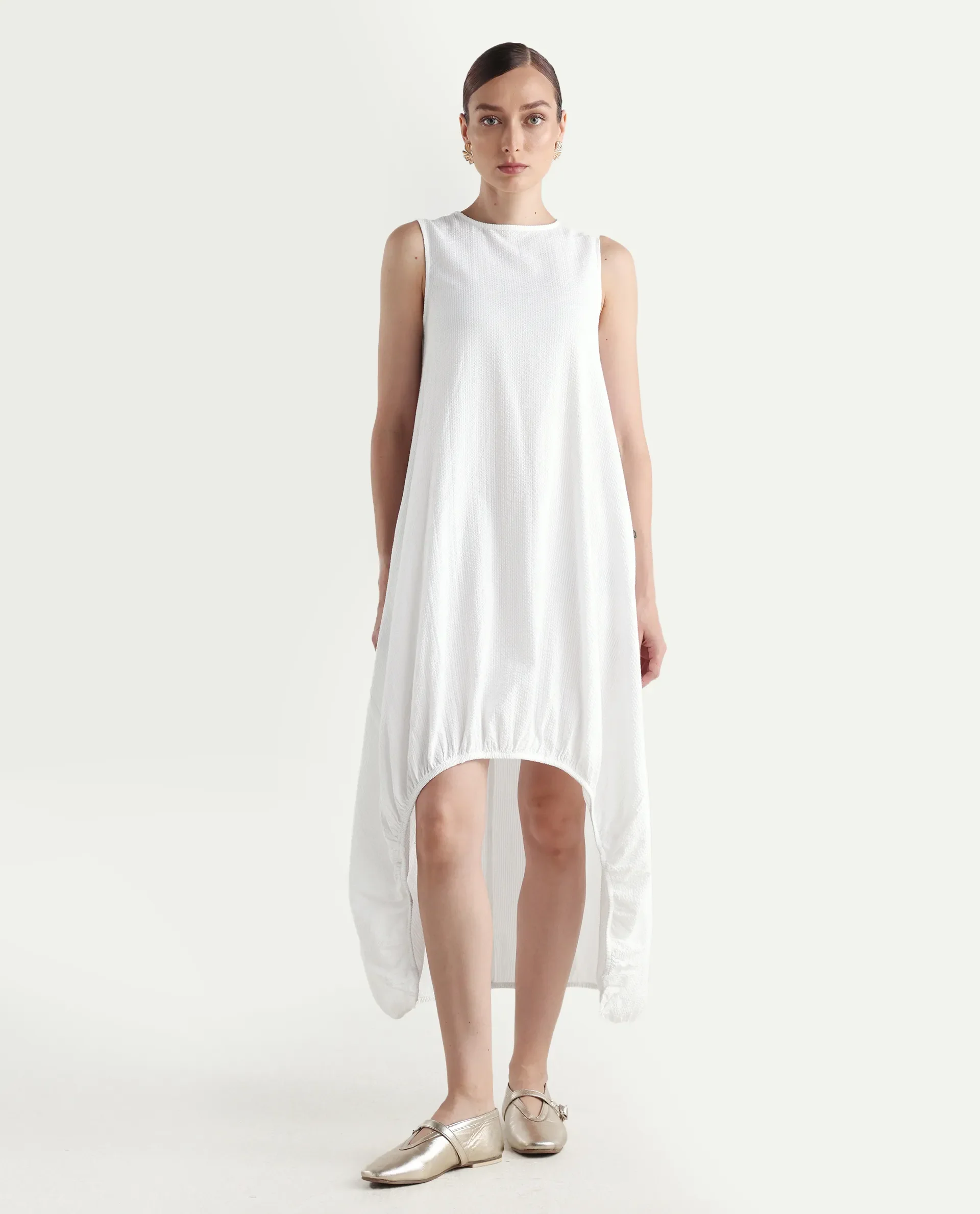 Rareism Women's Divan White Cotton Crew Neck Plain Sleeveless Midi Balloon Dress - Image 3