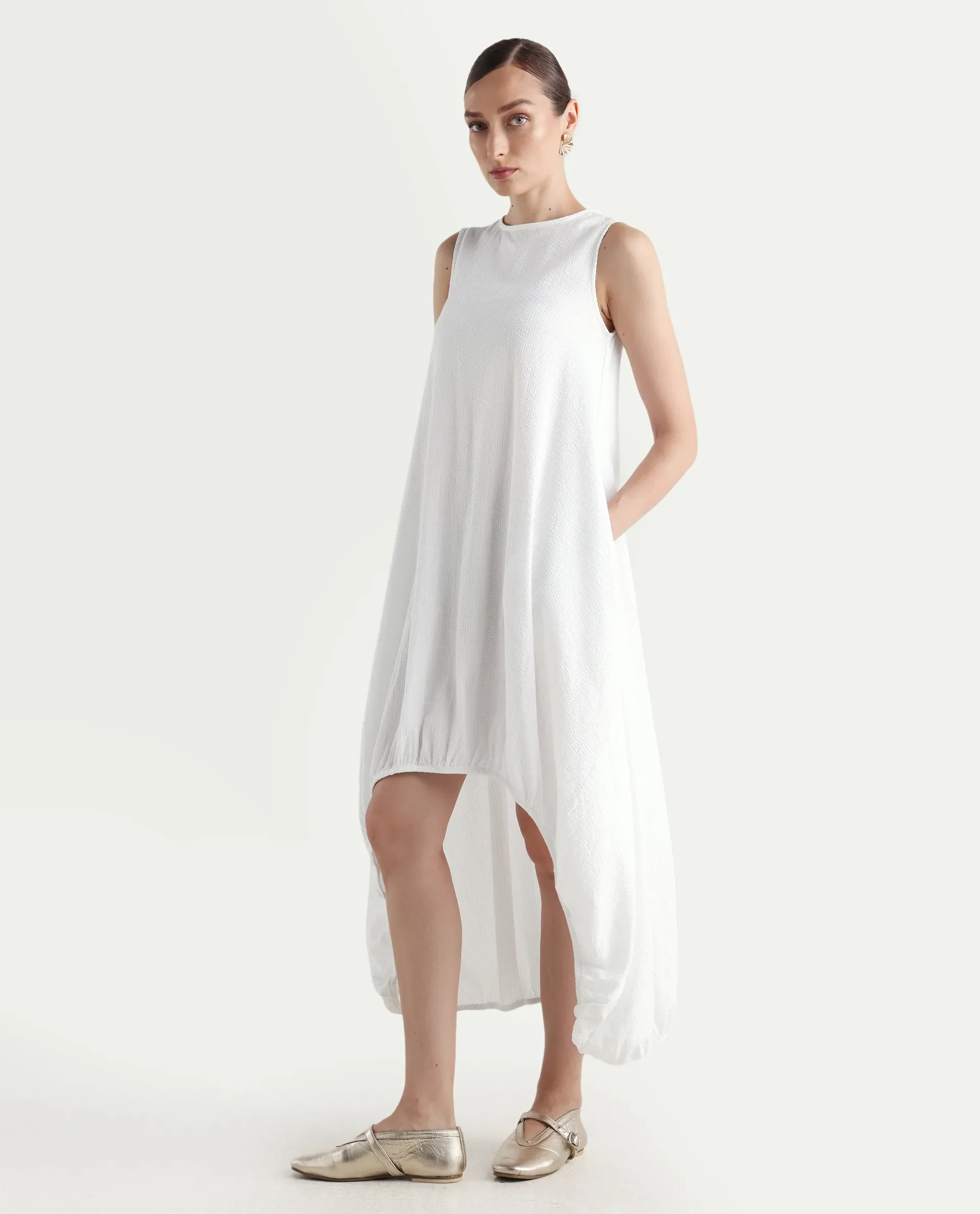 Rareism Women's Divan White Cotton Crew Neck Plain Sleeveless Midi Balloon Dress - Image 6