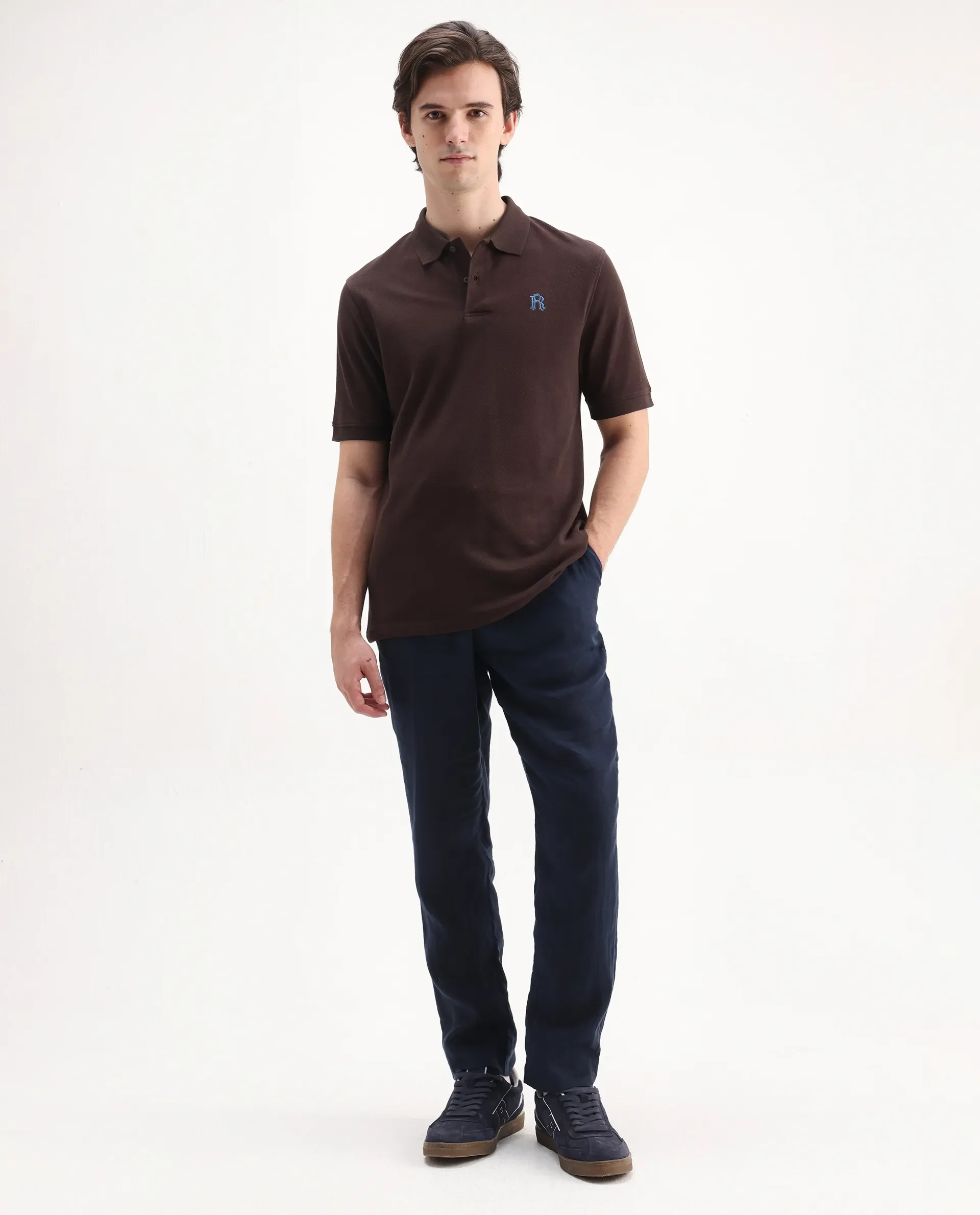 Rare Rabbit Men's Dive Dark Brown Cotton Embroidered Regular Fit Half Sleeve Polo - Image 2
