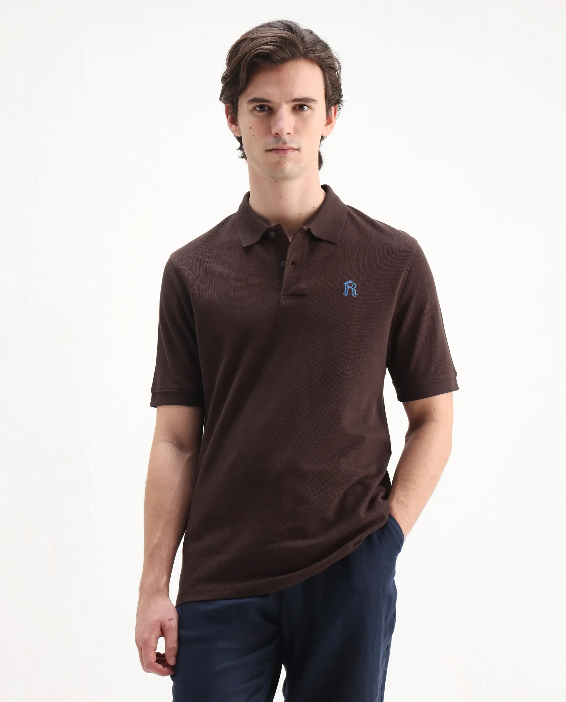 Rare Rabbit Men's Dive Dark Brown Cotton Embroidered Regular Fit Half Sleeve Polo - Image 4